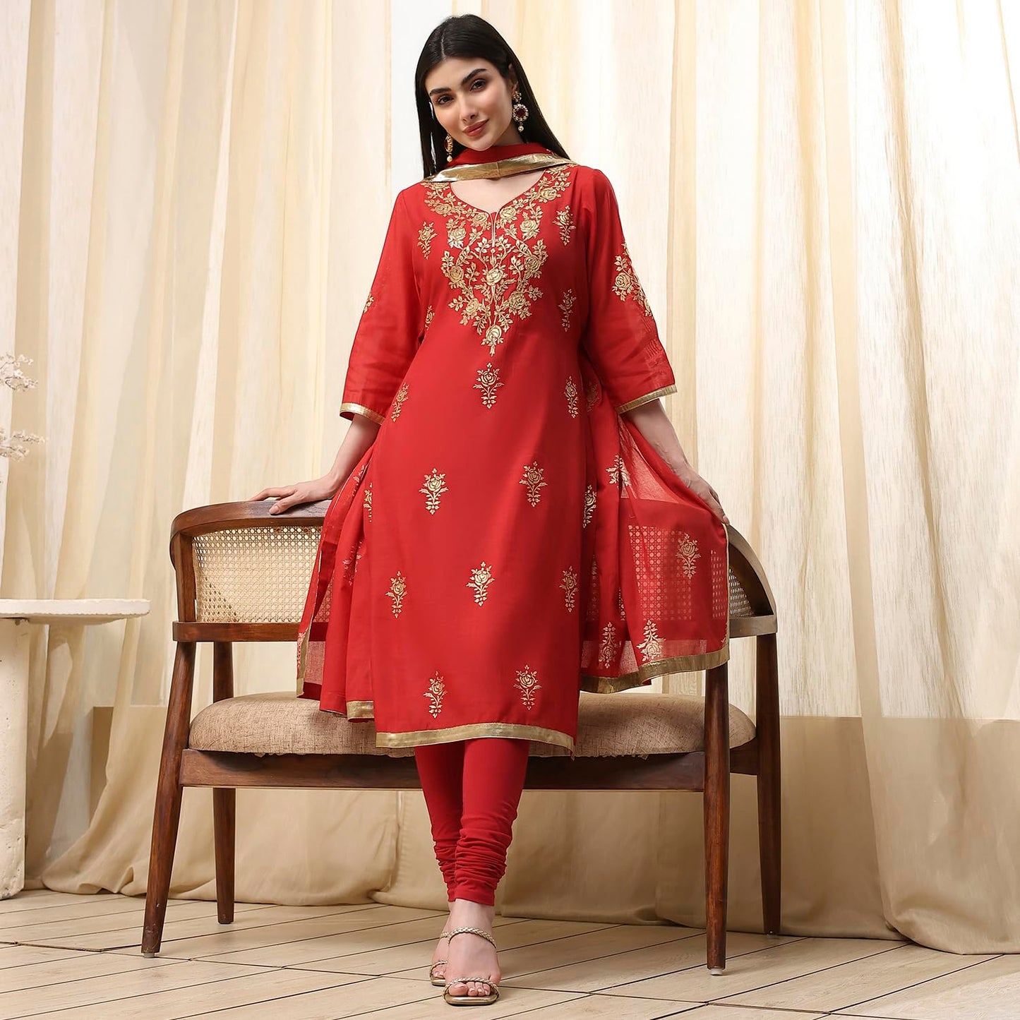 Biba Women's Poly Chanderi Kurta Set (SKDASRT7716ESS25RED_Red