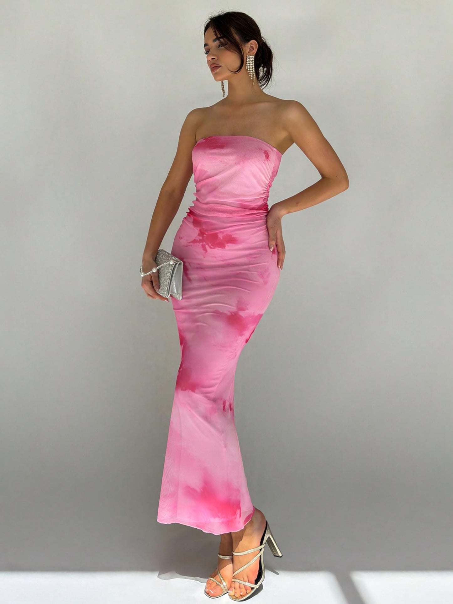 FASHION YARI Women's Elegant Bodycon Off Shoulder Sleeveless High Split Ruched Long Formal Casual Dress - Pink