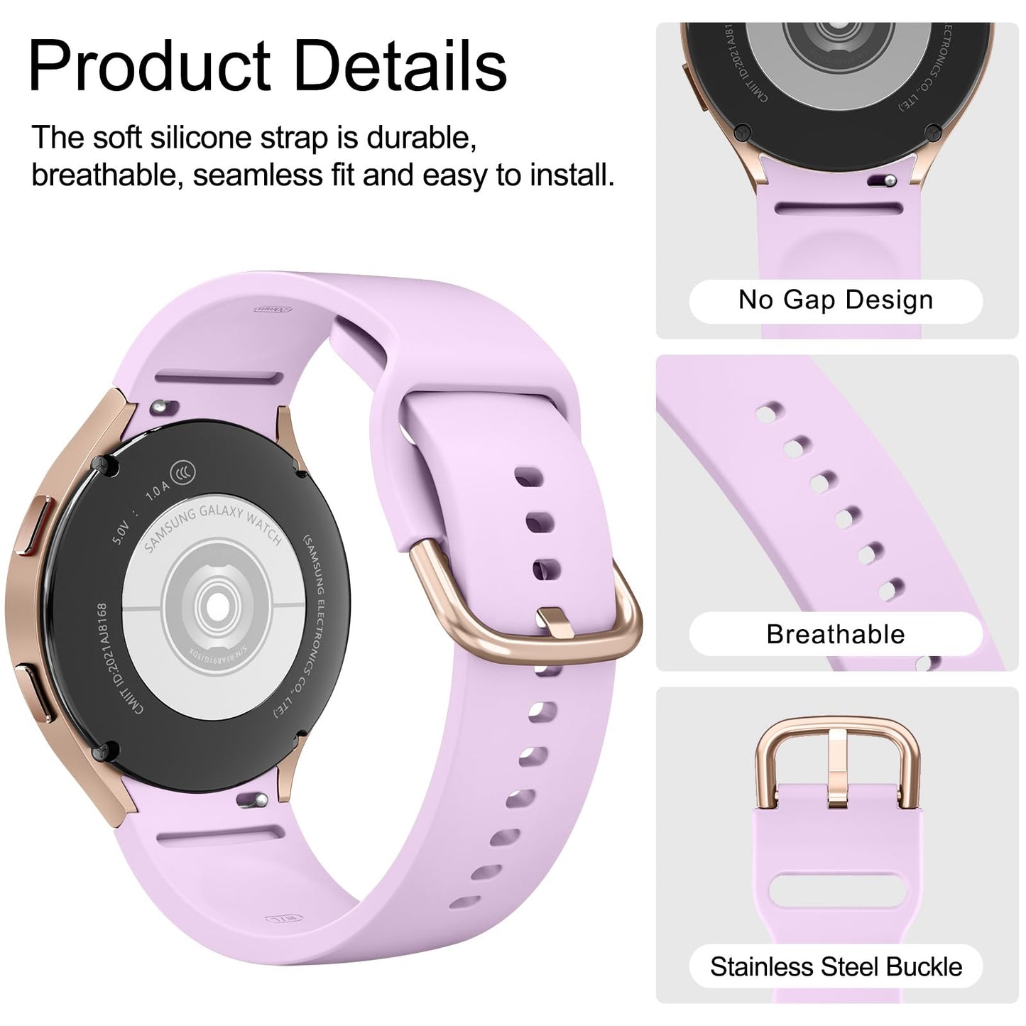 Tobfit Silicone Strap Compatible for Samsung Galaxy Watch 4/4 Classic/Active 2/Watch 5/5 Pro (Watch Not Included), Sport Replacement Strap with Classic Clasp for 20mm Smart Watch（Lavender）
