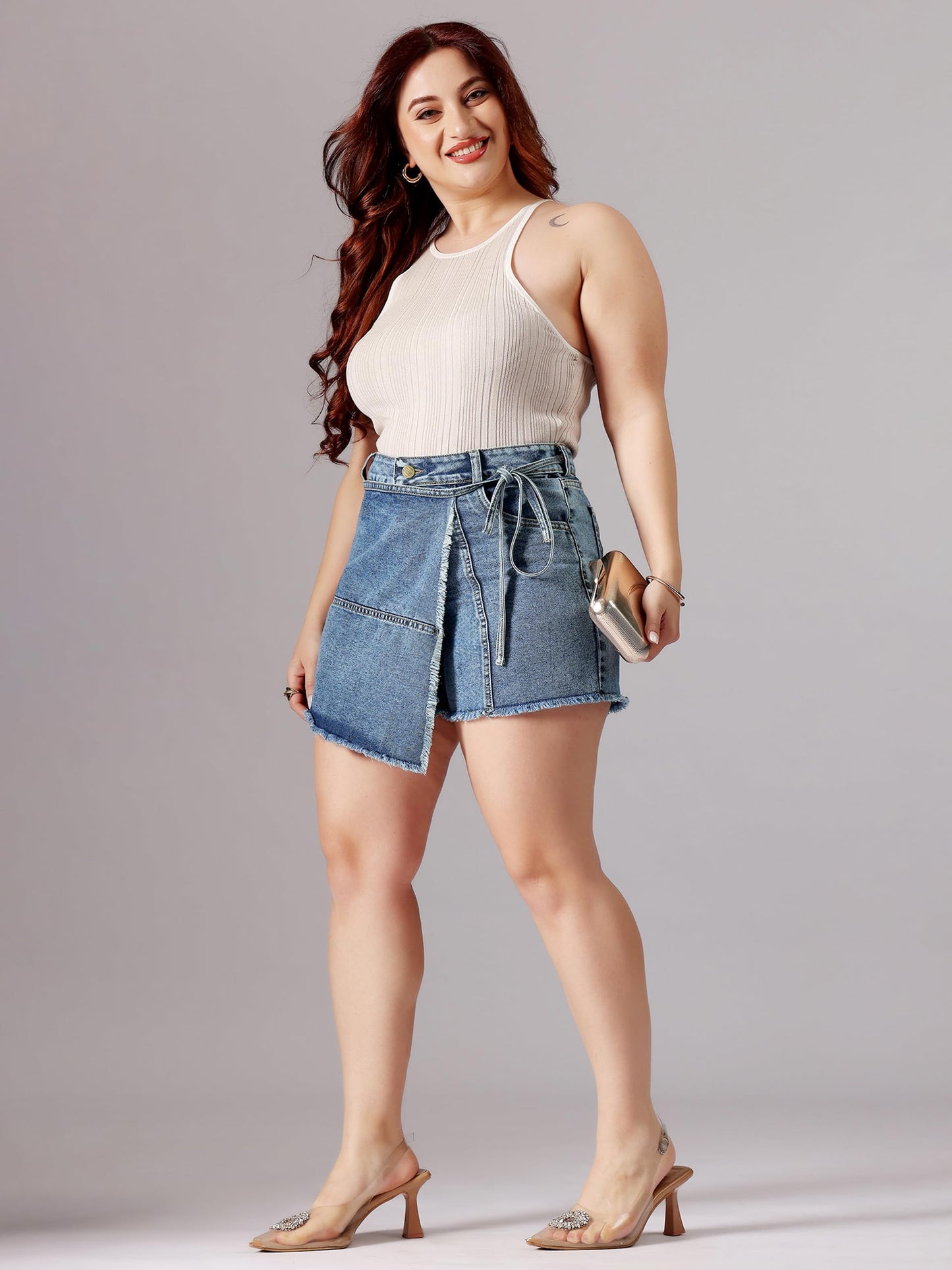 Miss Chase A+ Women's Regular High Rise Mild Distress Regular Denim Skorts (APAW24DEN86-85-320-28, President Blue, 28)