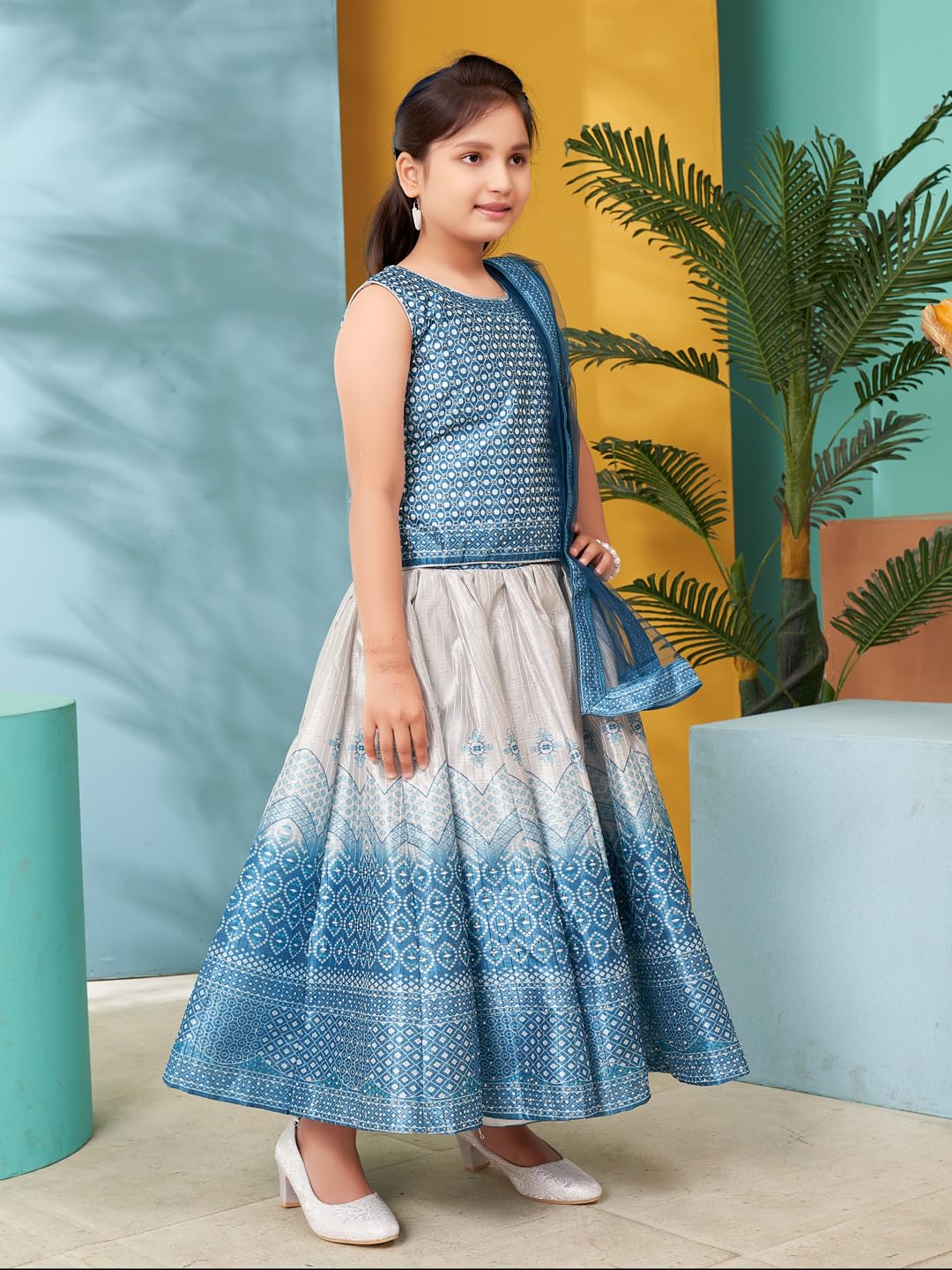 Aarika Girls Turquoise Colour Printed Embellished Stone Silk Lehenga Choli Set (5-11 Years)