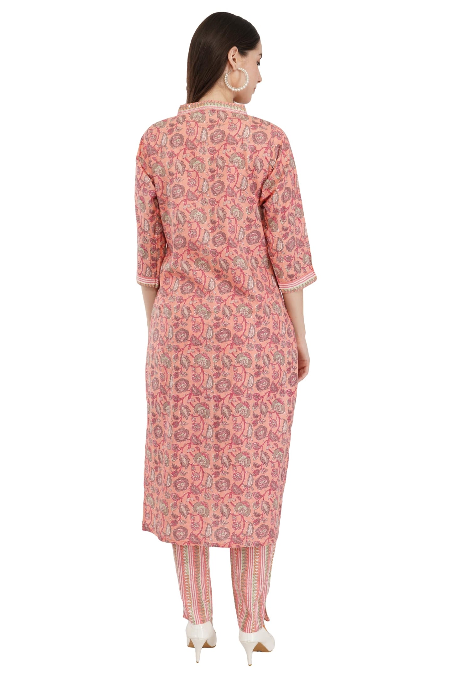 Pranjal Women's Soft Comfortable V-Neck 3/4 Length A-Line Cotton Floral Kurti-Pant and Dupatta Set (Large, Peach)