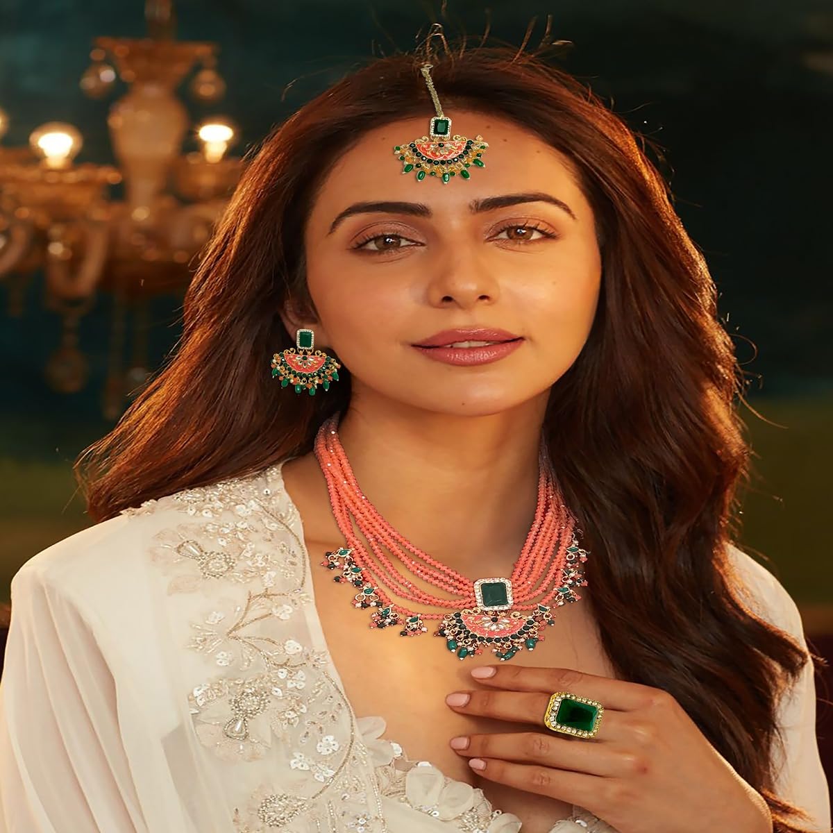 ACCESSHER Meenakari Choker Set with Chandbali Earrings, Maang Tikka & Finger Ring with a Pair of Transparent Earring & Maangtikka Supporter Patch | For Women & Girls