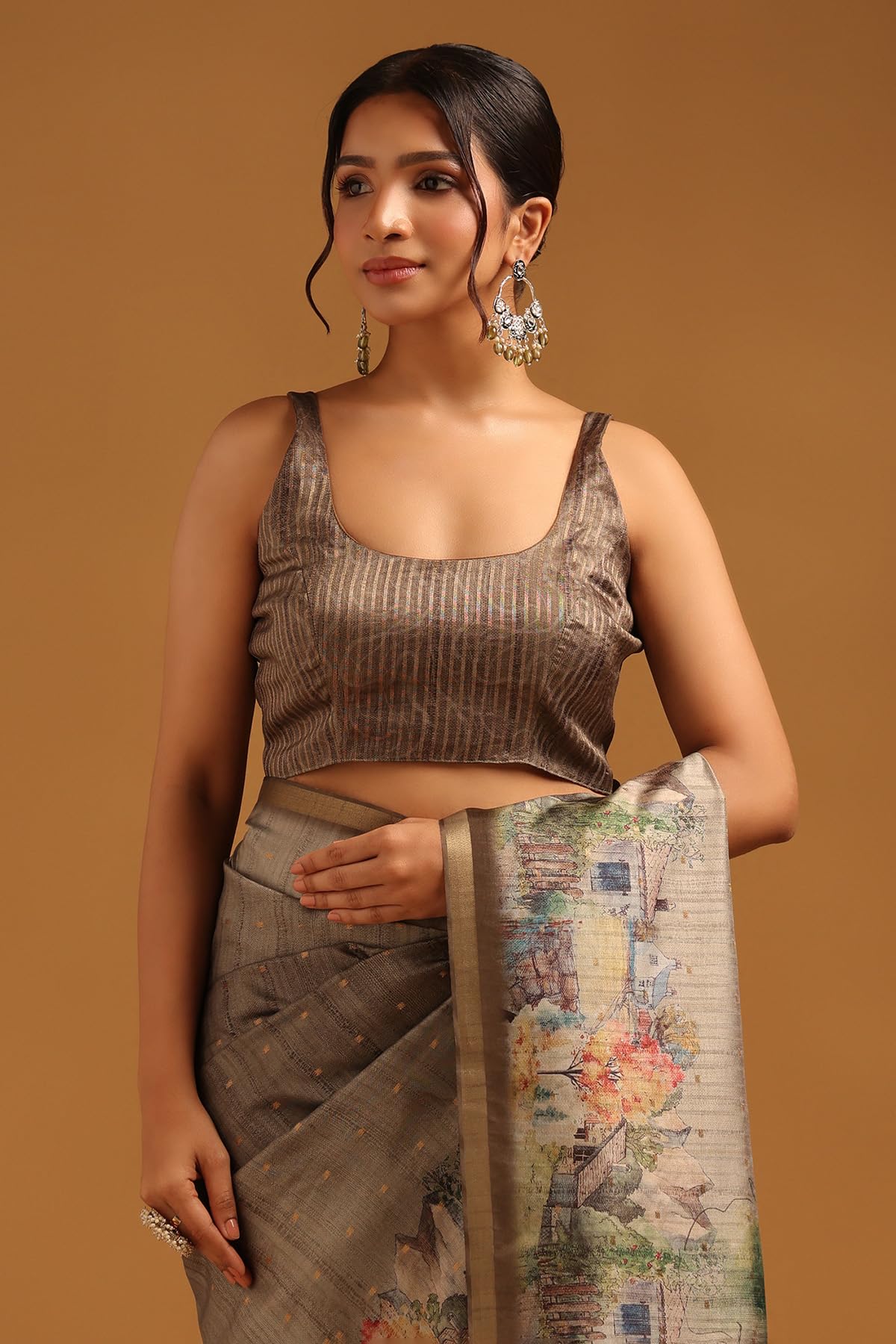 Soch Womens Olive Tussar Botanical Saree With Zari Woven