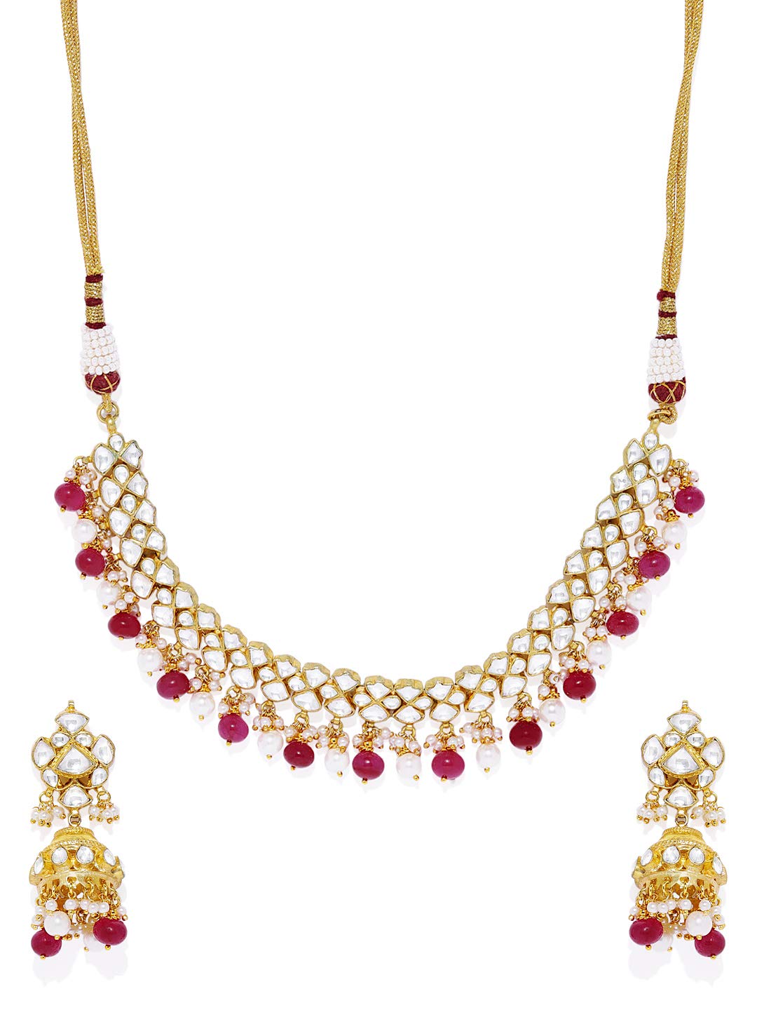 ACCESSHER Gold Plated Traditional Kundan Embellished with Reed Beads Studded Choker Necklace Set with Stud Earrings and Adjustable Dori for Women and Girls