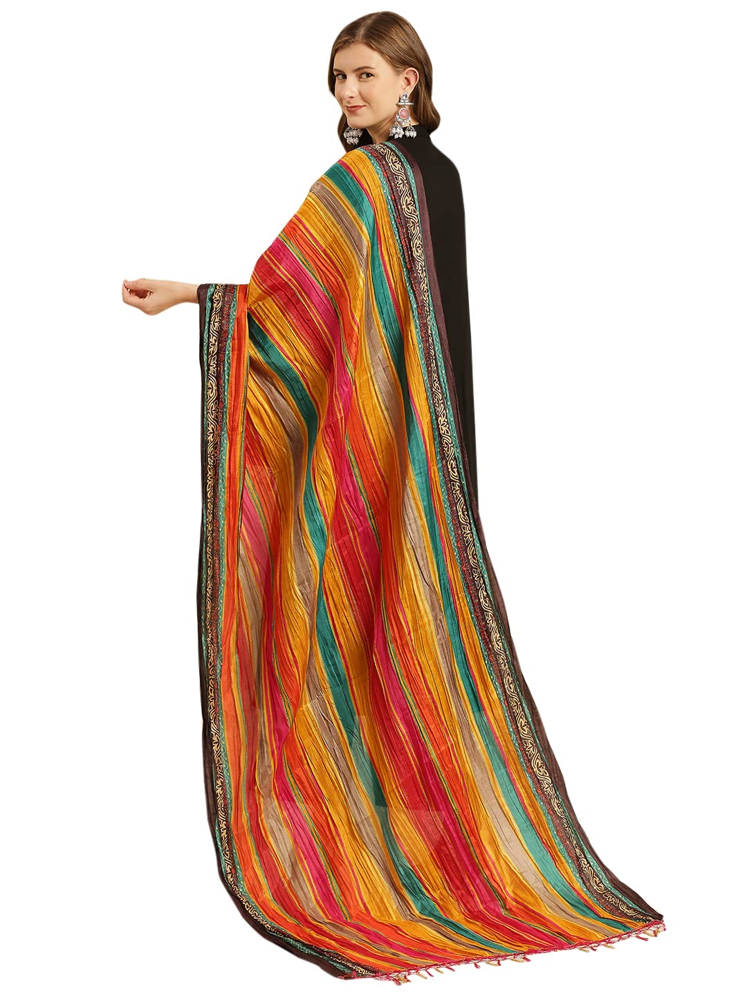 DUPATTA BAZAAR Women's Striped Print Multicoloured Art Silk Crushed Dupatta, Free Size