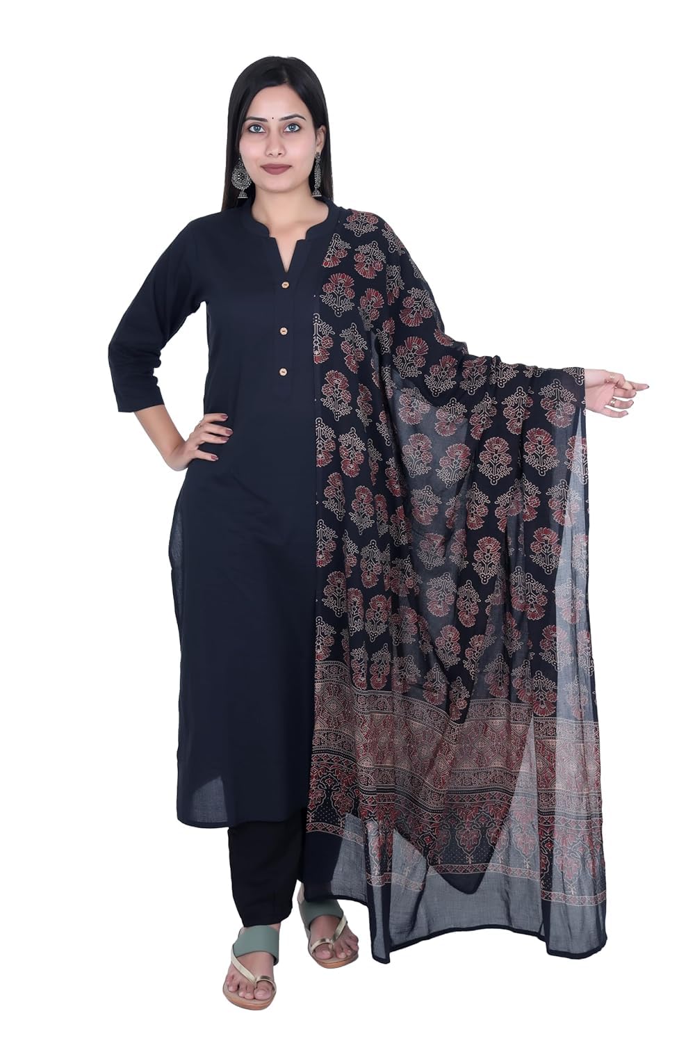 FABMOHA Women Pure Cotton Handblock Printed Full Length Ajrakh Dupatta (Maroon - Black)
