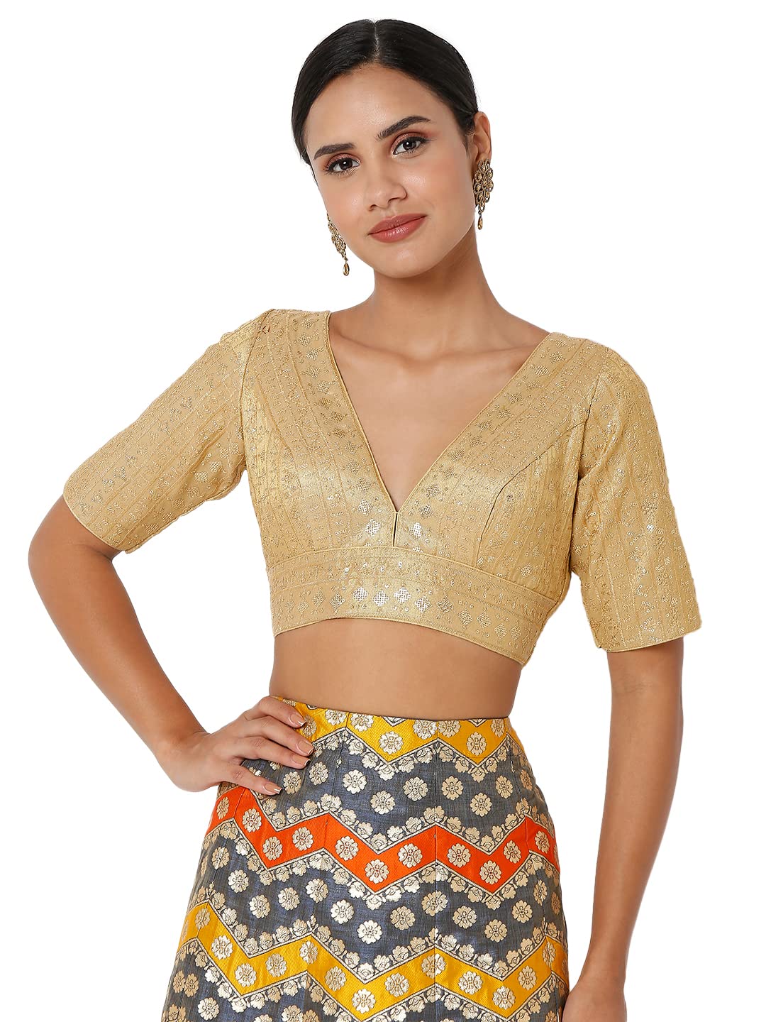 S SALWAR STUDIO Women's Dark Gold Tissue Embroidered Readymade Saree Blouse-SSB4201-DAGO