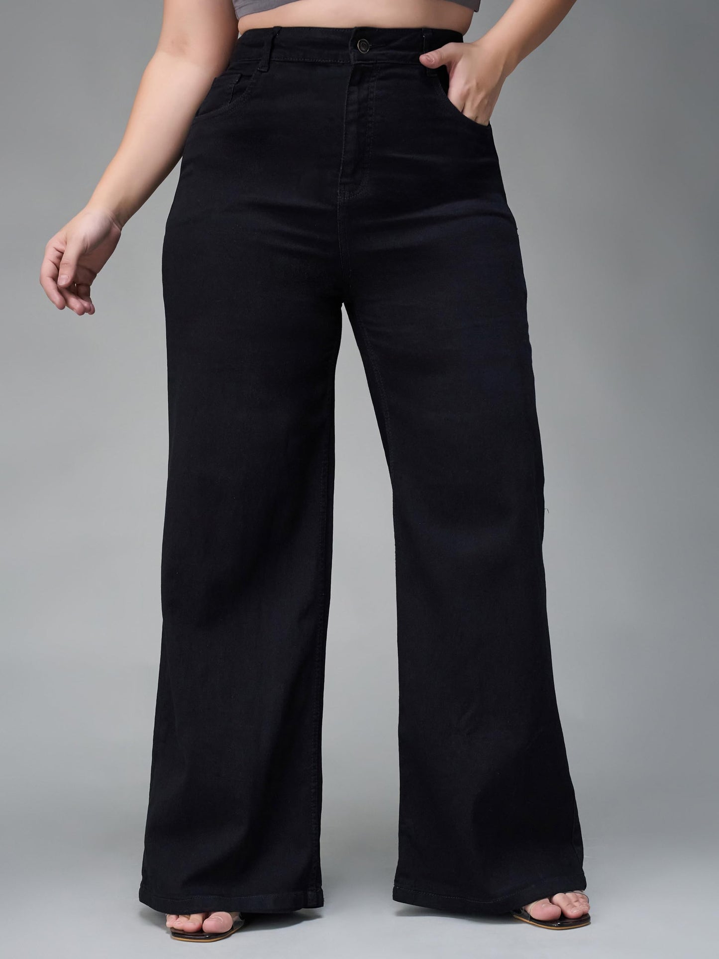 Miss Chase A+ Women's Wide Leg High Rise Regular-Length Stretchable Denim Jeans (APSS23DEN12-53-884-30, Hematite Black, 30)