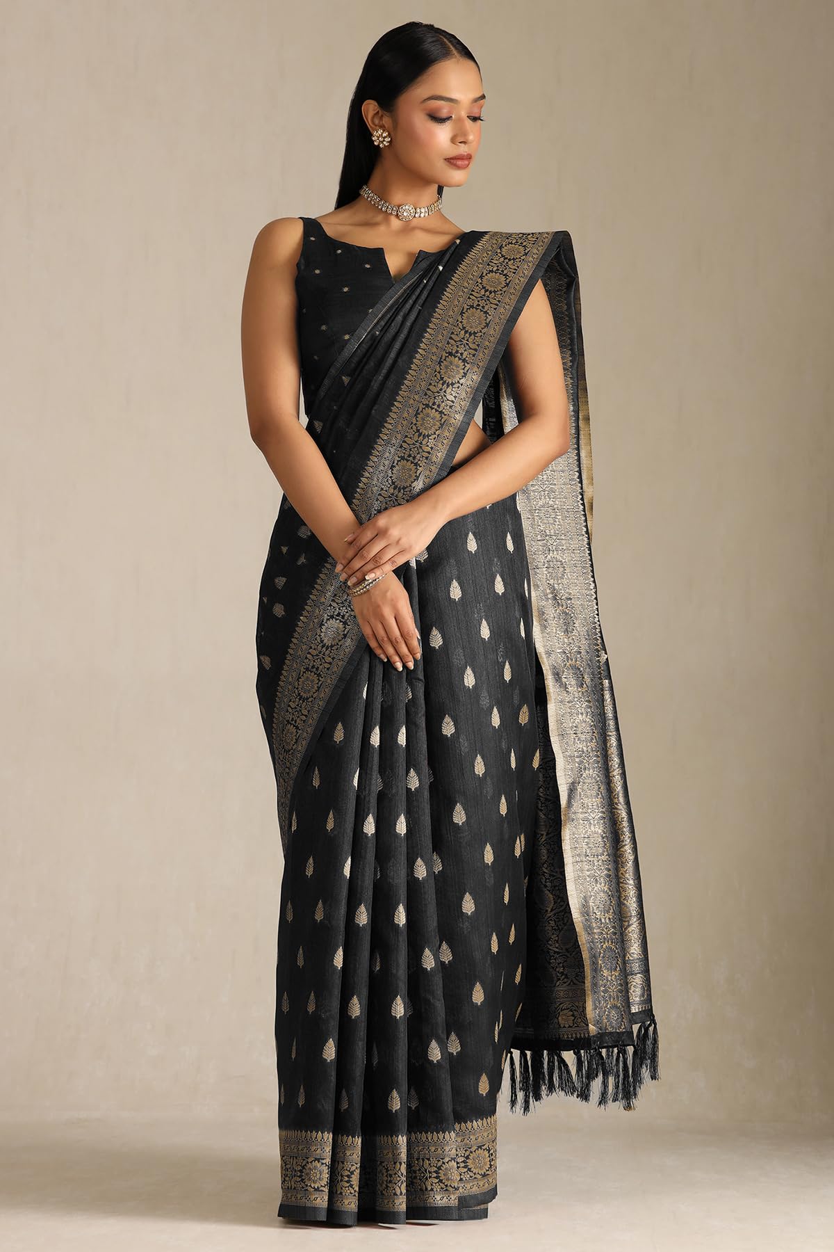 Soch Womens Black Tussar Zari Woven Saree With Zari