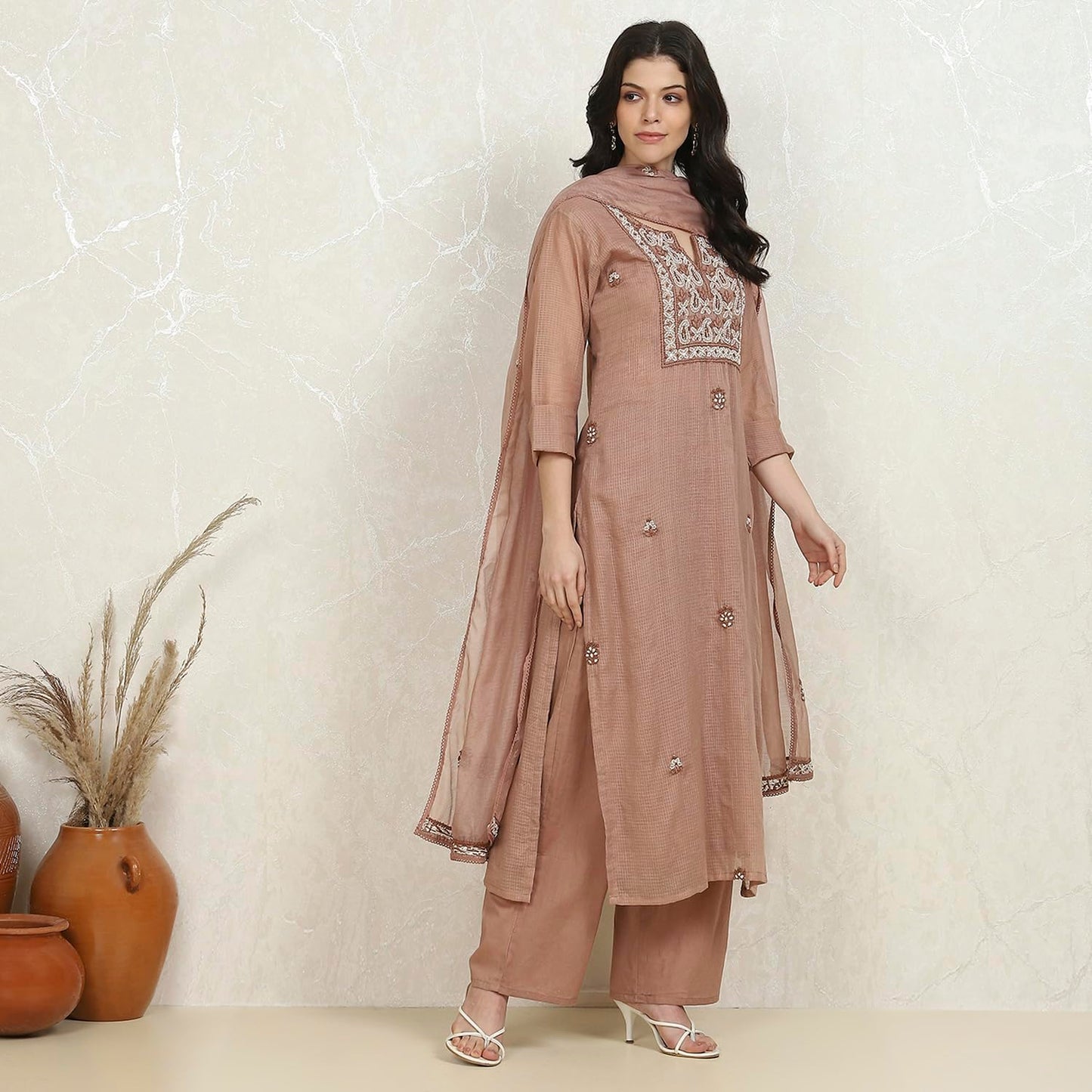 Biba Women's Brown Cotton Hand Embroidered Unstitched Suit Set