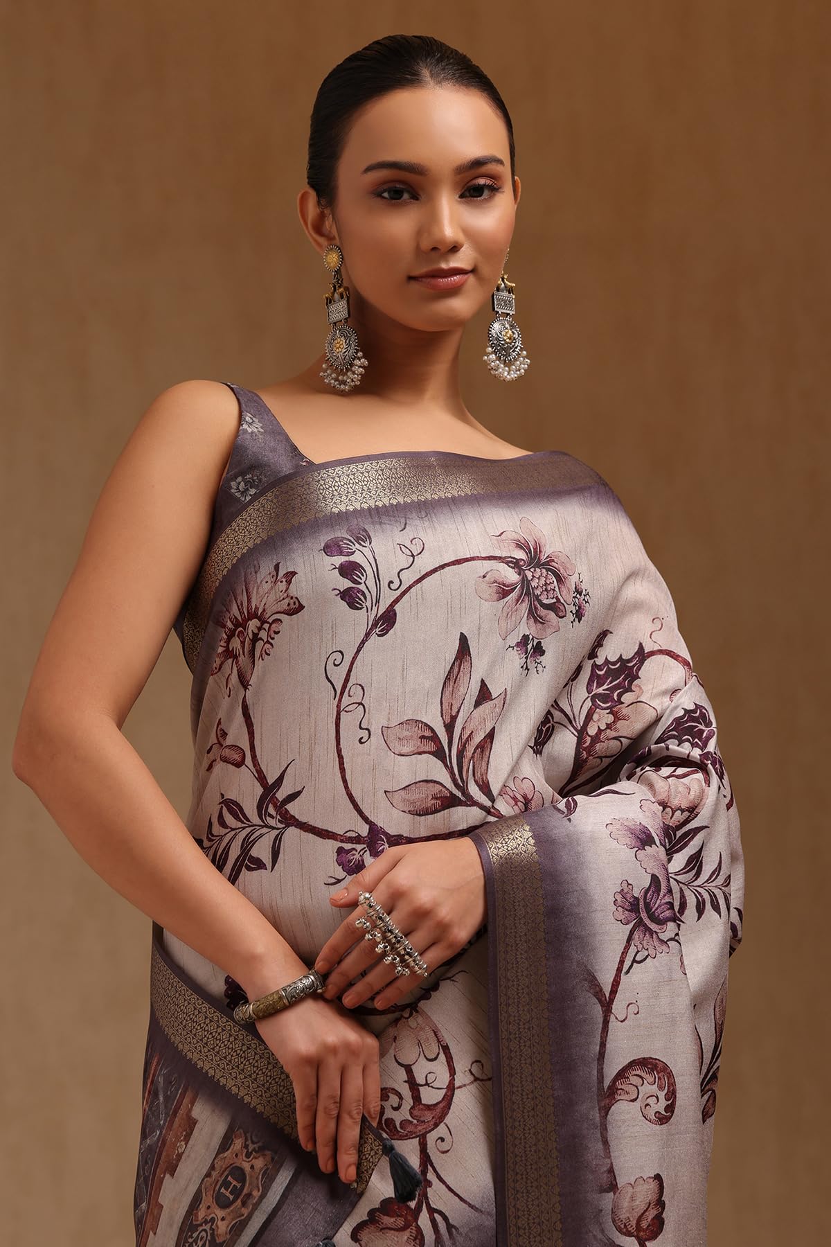 Soch Womens Grey Tussar Botanical Print Saree