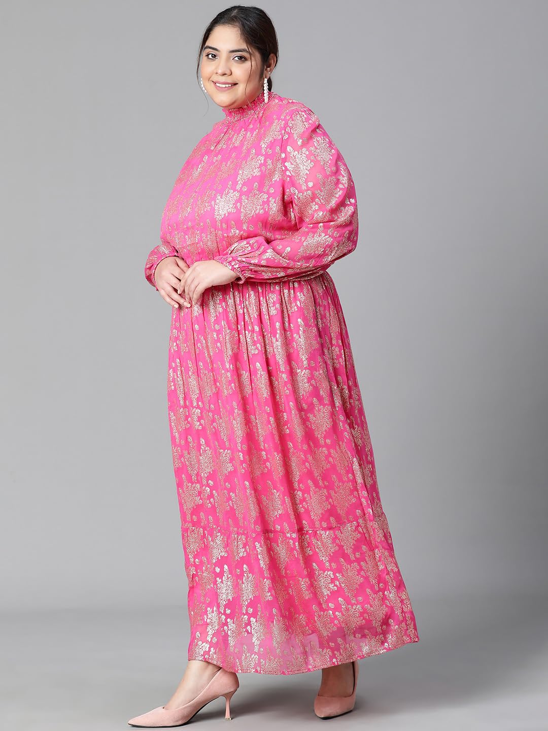 oxolloxo Women Plus Size Pink Round Neck Long Sleeve Elasticated Waist Golden Foil Print with Lining Dress