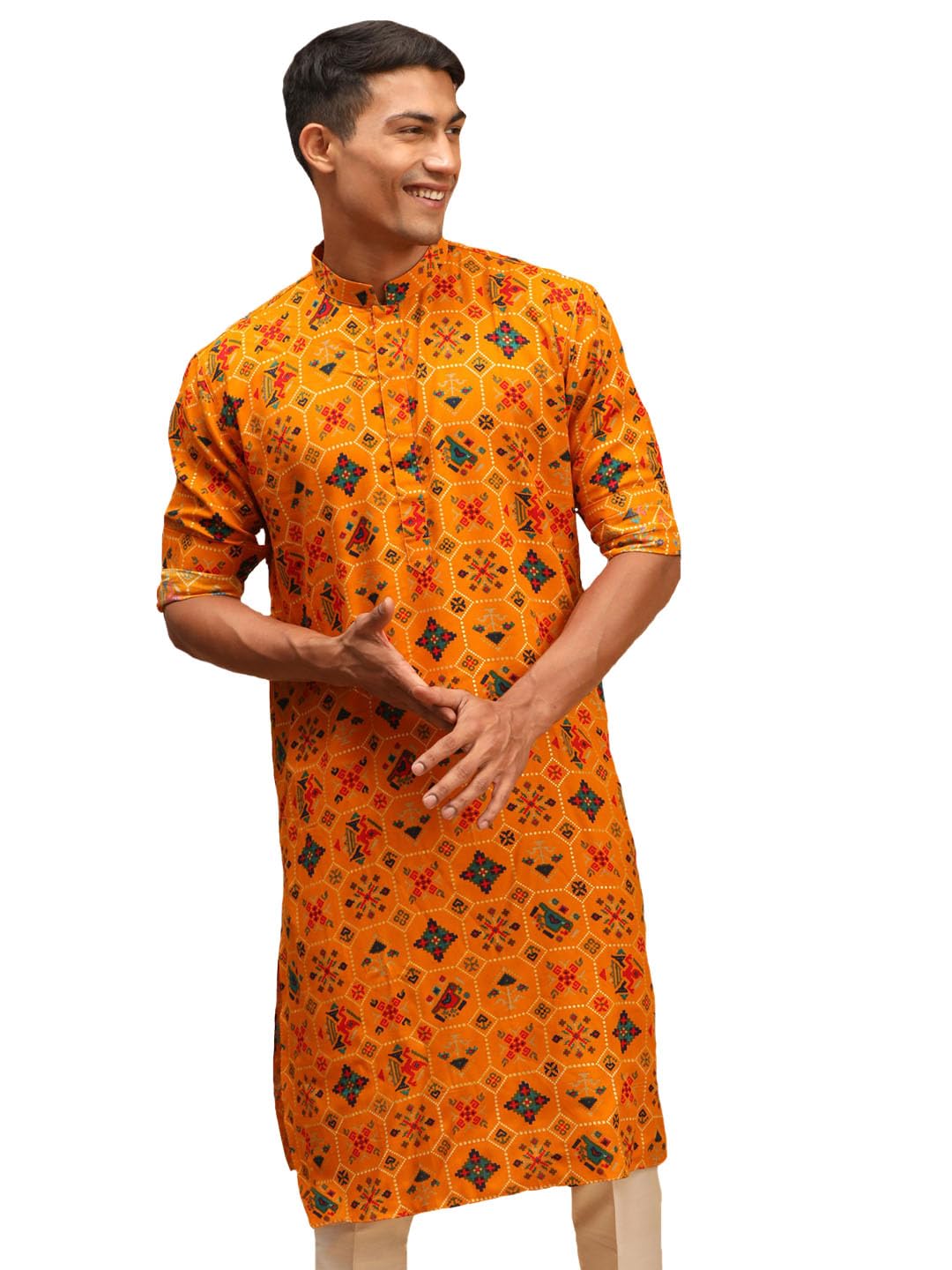 VASTRAMAY Men's Longline Pathani Style Rayon Printed Kurta with Foil Print Detailing | Perfect for Navratri Yellow