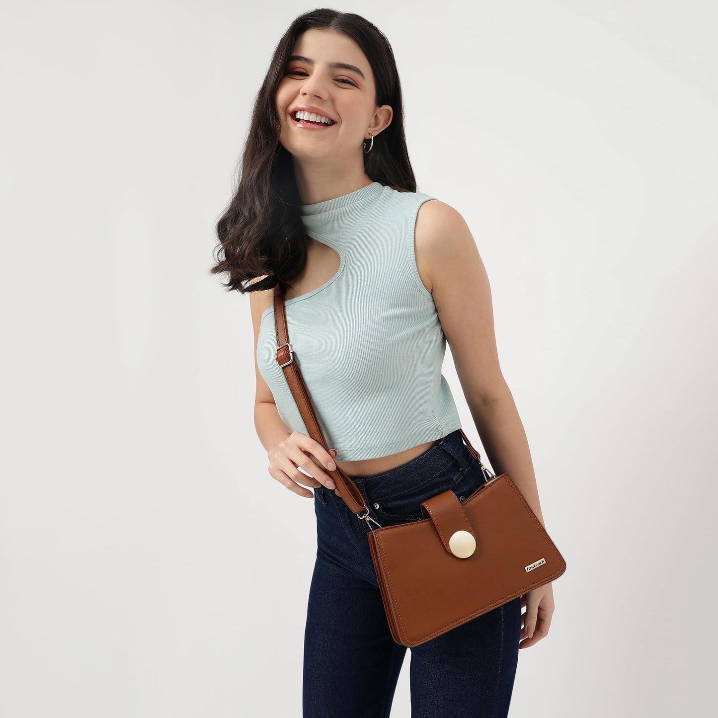 Fastrack Women Structured Sling Bag with Metal Accents | Flap and Zip Closure, Inner Zip and Slip Pockets | Adjustable Sling Belt | Stylish Everyday Bag | Sling Bag for Casual Carry
