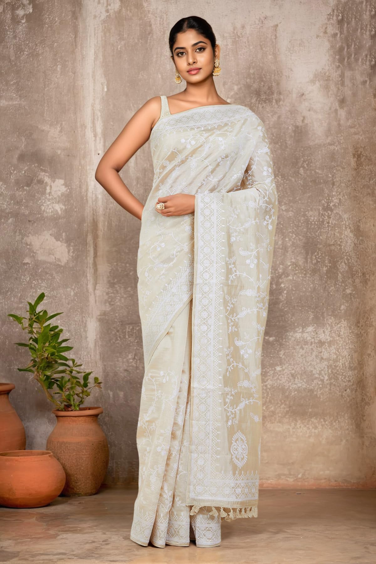 Soch Women Off-White Tussar Floral Saree With Attached Blouse