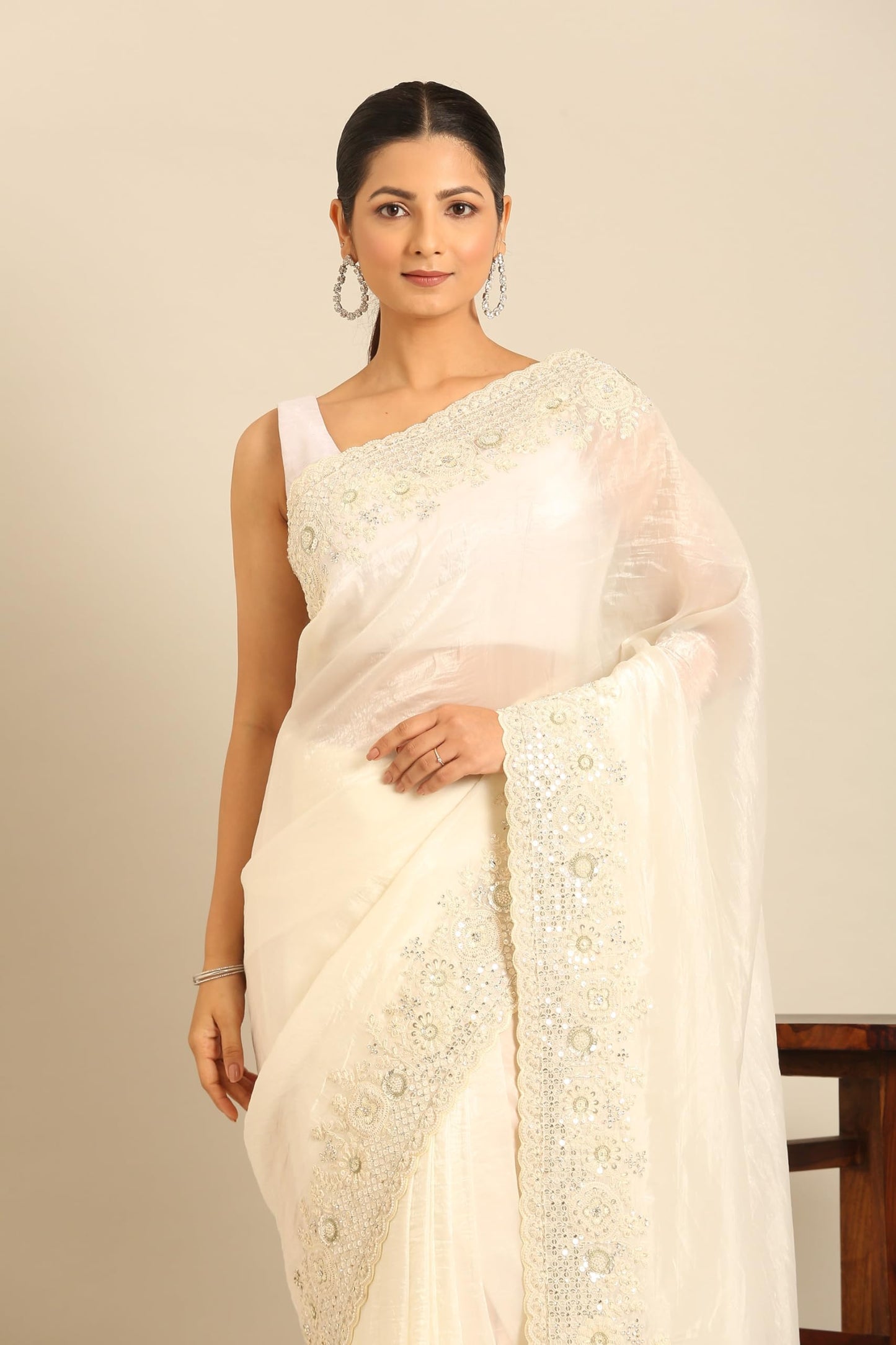 MOHEY Women's Cream Chiffon Hand Embroidered|Moti Work|Stone Work Saree