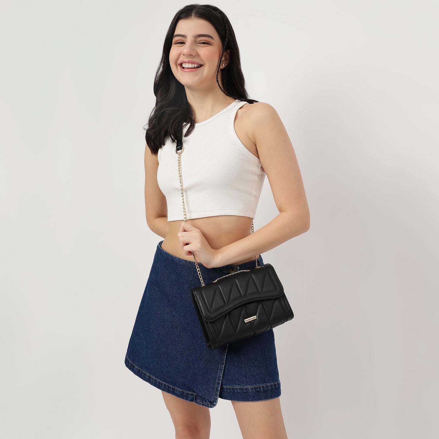 Fastrack Women Quilted Sling Bag with Chain Strap | Magnetic Flap Closure, Inner Zip Pocket and Spacious Interior | Stylish Everyday Bag | Sling for Casual Carry, Black