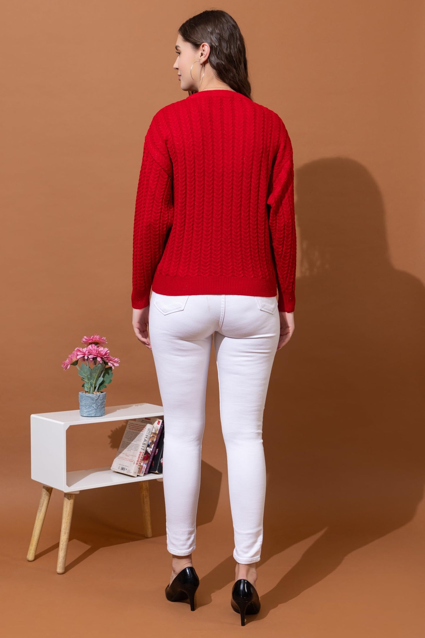 Style Dusk Women's Full Sleeves Round Neck Cable Design Pure Woolen Pullover Sweater for Winter Season (in, Alpha, 2XL, Red)