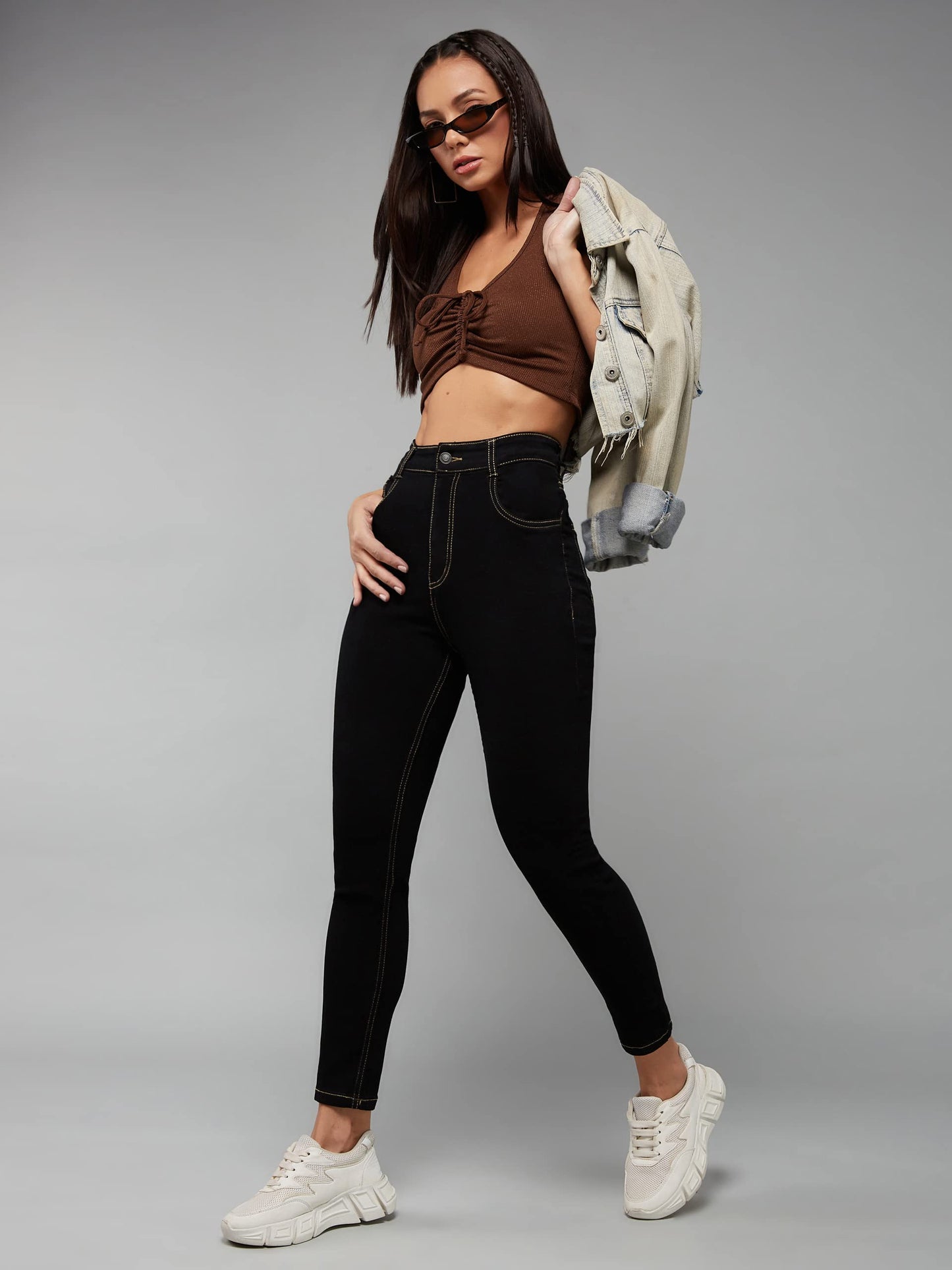 Dolce Crudo Women's Black Skinny High Rise Clean Look Regular Stretchable Denim Jeans (DOSS22DEN12-44-62-28, Black, 28)