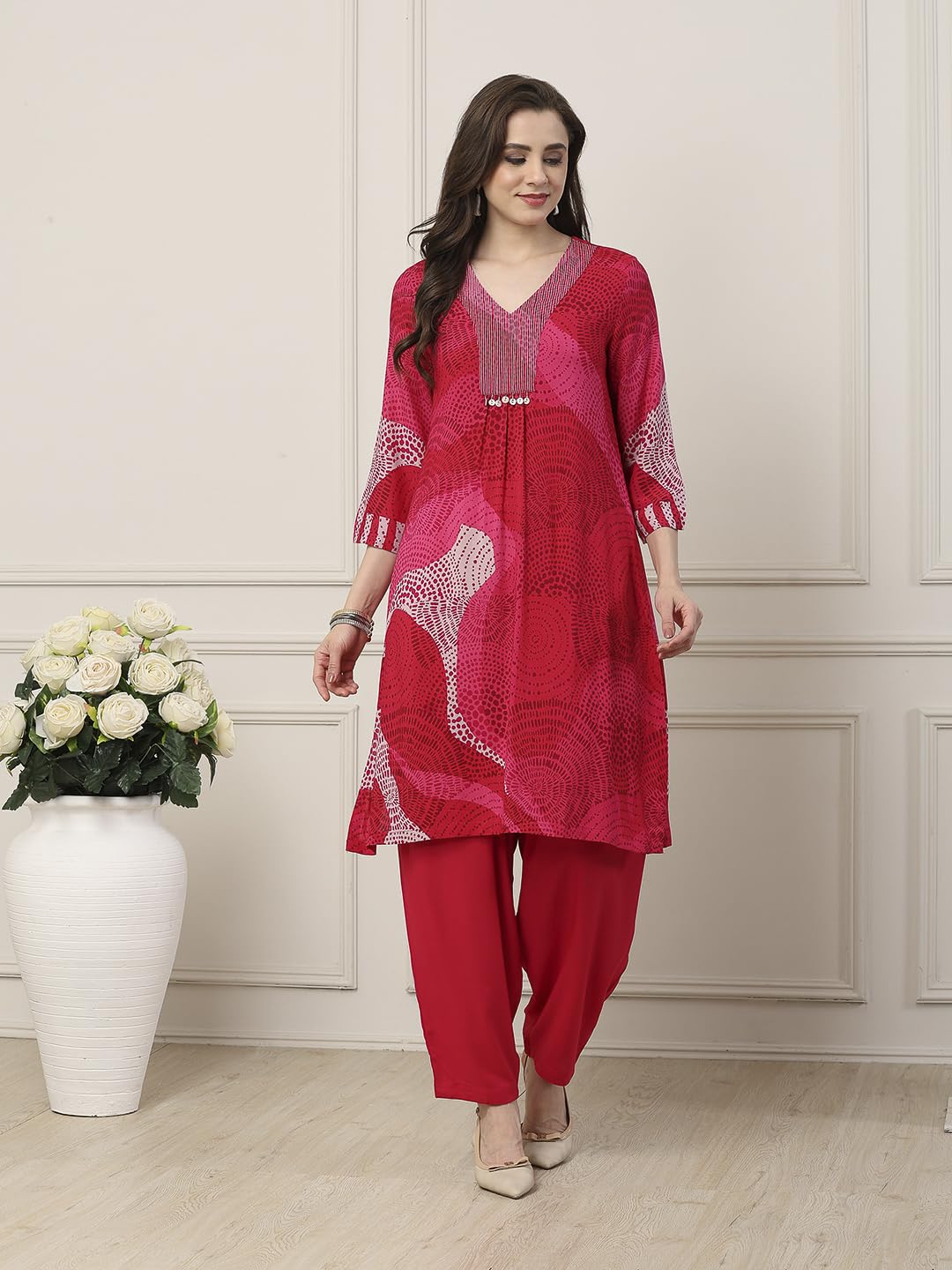Biba Women Pink Viscose Rayon Straight Suit Set_34