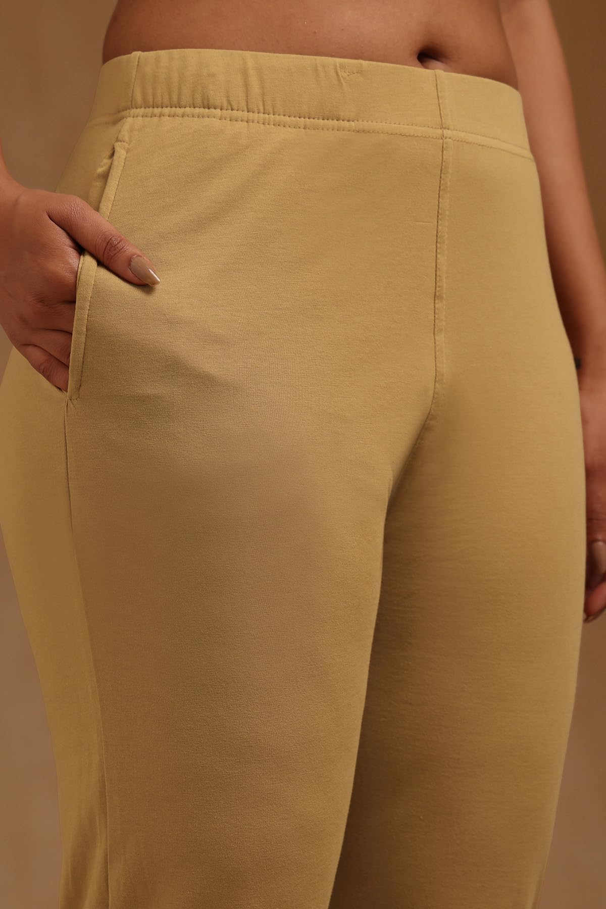 Soch Womens Beige Cotton Blend Solid Pant