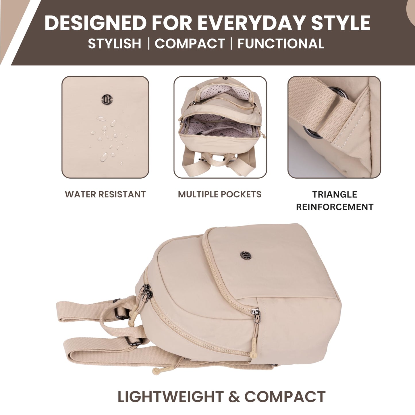 12o12 Women Travel Backpack, Multiple Pockets, Smart Organization, Lightweight Casual Daypack | Fashion Shoulder Sling Handbag Stylish for Travel, Work, Office, Picnic, Shopping College (Beige)