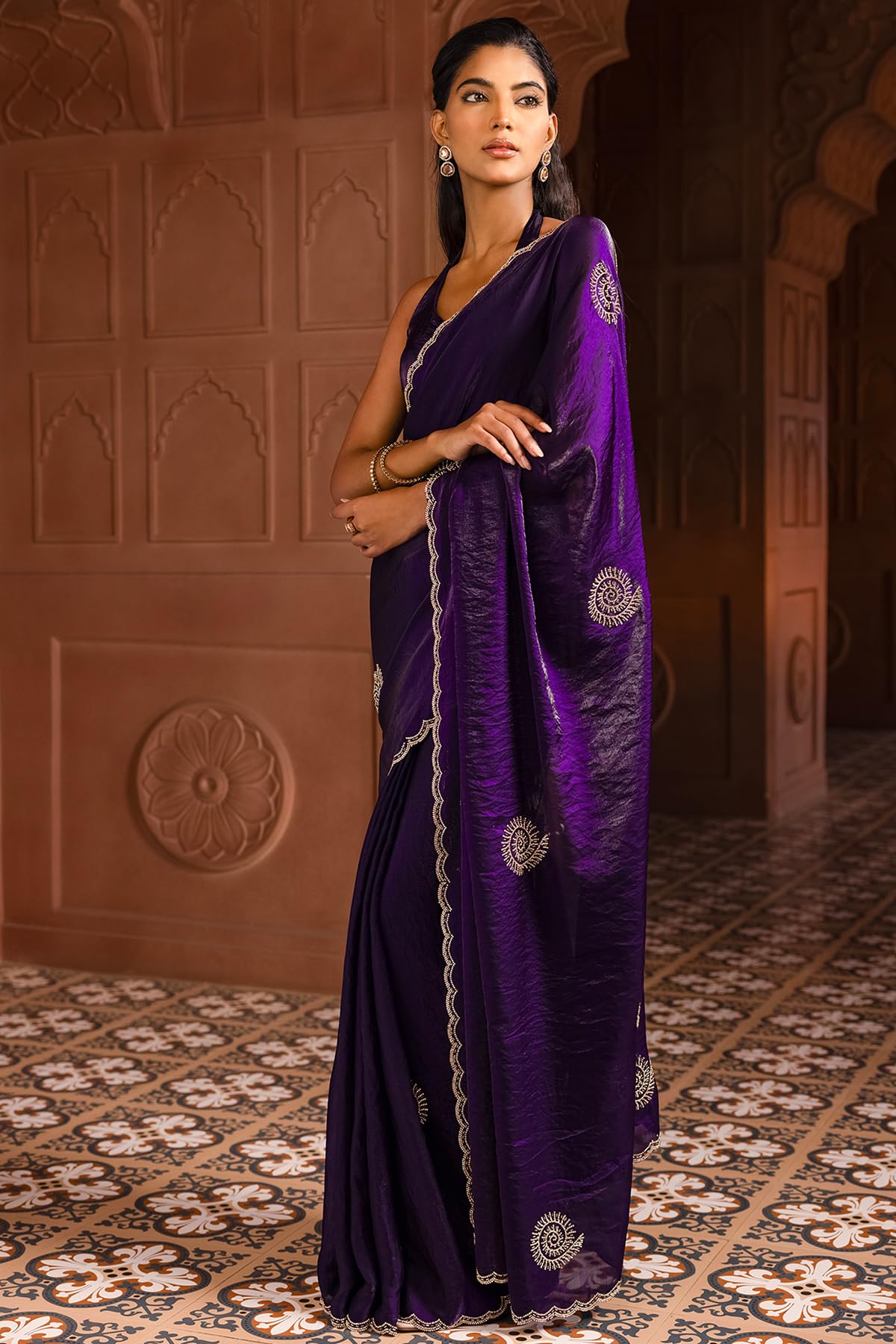 Soch Womens Purple Organza Saree With Stone Work