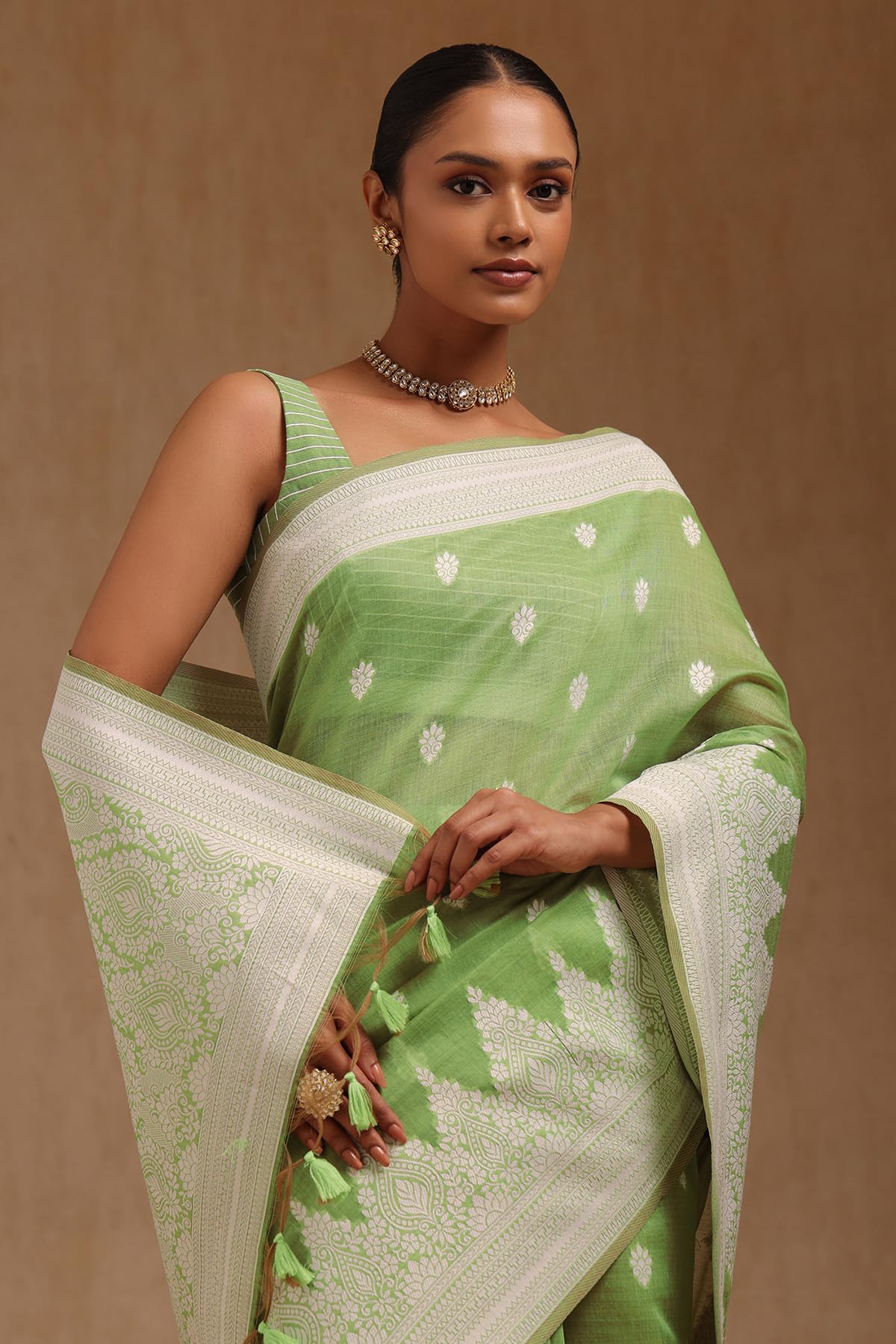 Soch Womens Light Green Chanderi Woven Design Saree