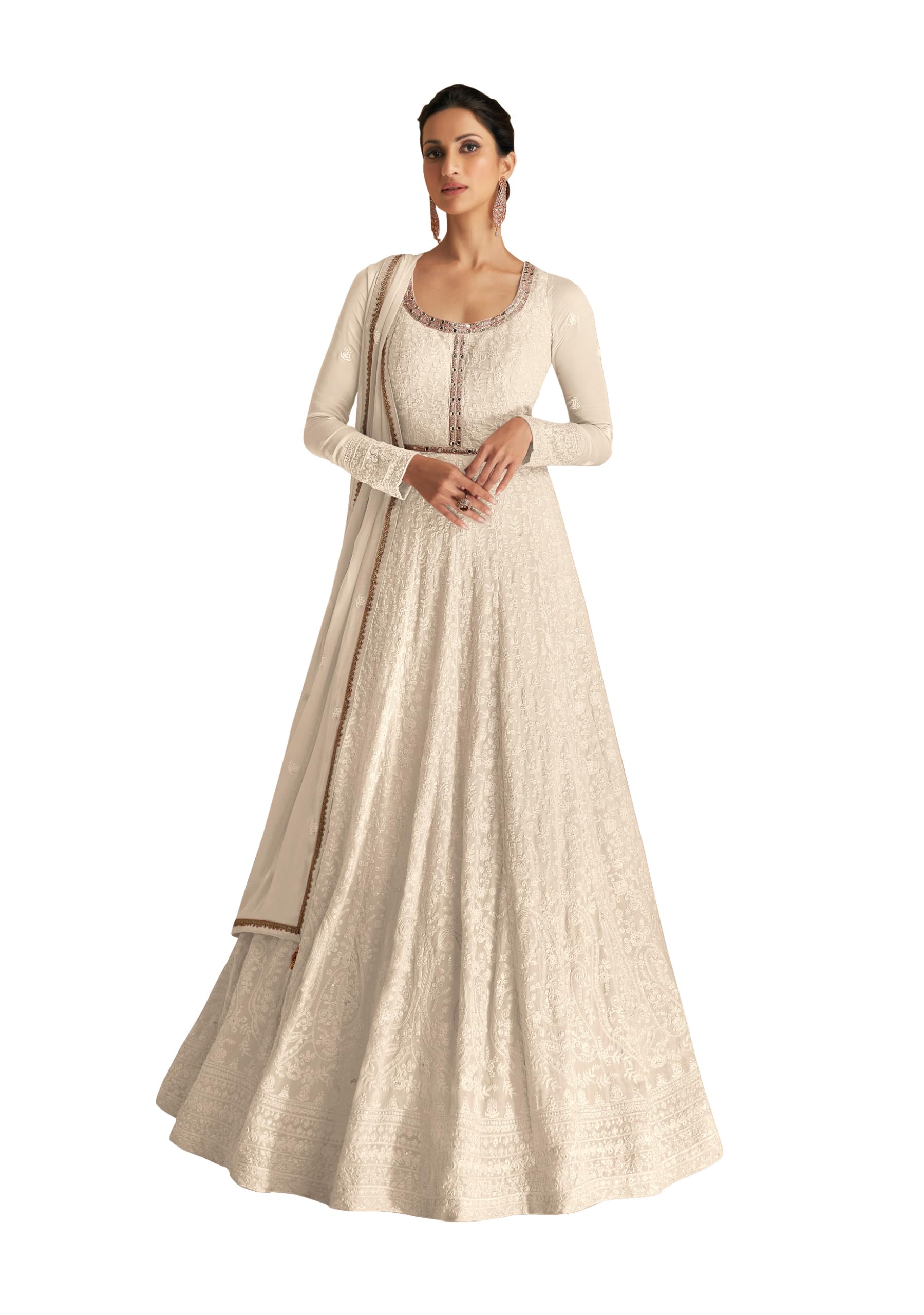 RUDRAPRAYAG Georgette And Santoon Embroidered Ankle Length Anarkali Gown  For Women White