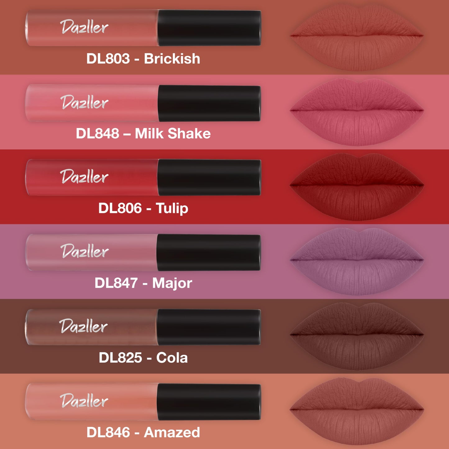 Dazller Lip Colour Lipstick Combo Pack of 6|Vibrant Matte Liquid Lipstick for Women|Long Stay|Smudge-Proof|Non-Transfer|Spicy Nudes|21.6g