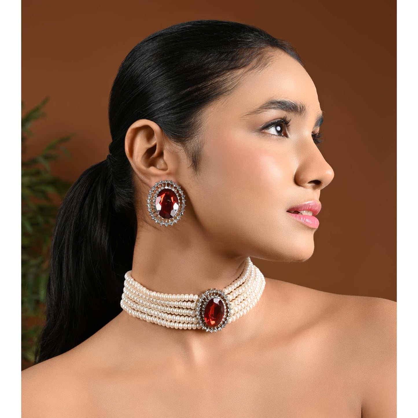 I Jewels Gold Plated Traditional Stone Studded Pearl Choker Necklace Jewellery Set For Women/Girls (ML316M)