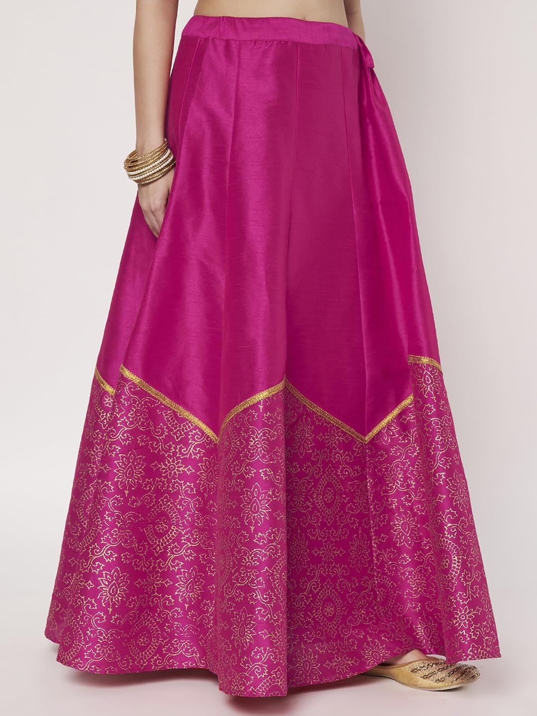 studio rasa Women's Dupion Block Printed Half and Half Kalidaar Skirt Wedding Festive Party (SKTC72514L_Pink_Large)