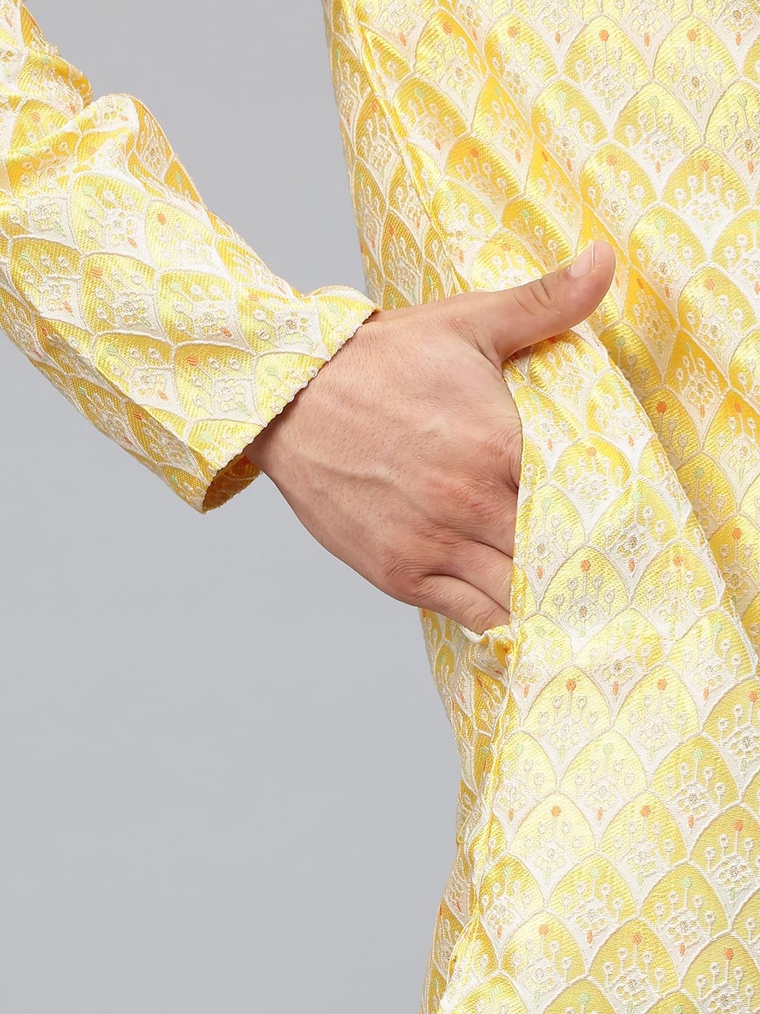 Luxrio Men's Silk Blend Jacquard Self Embroidered Textured Ethinc Motifs Traditional Long Kurta Full Sleeves Yellow Size L