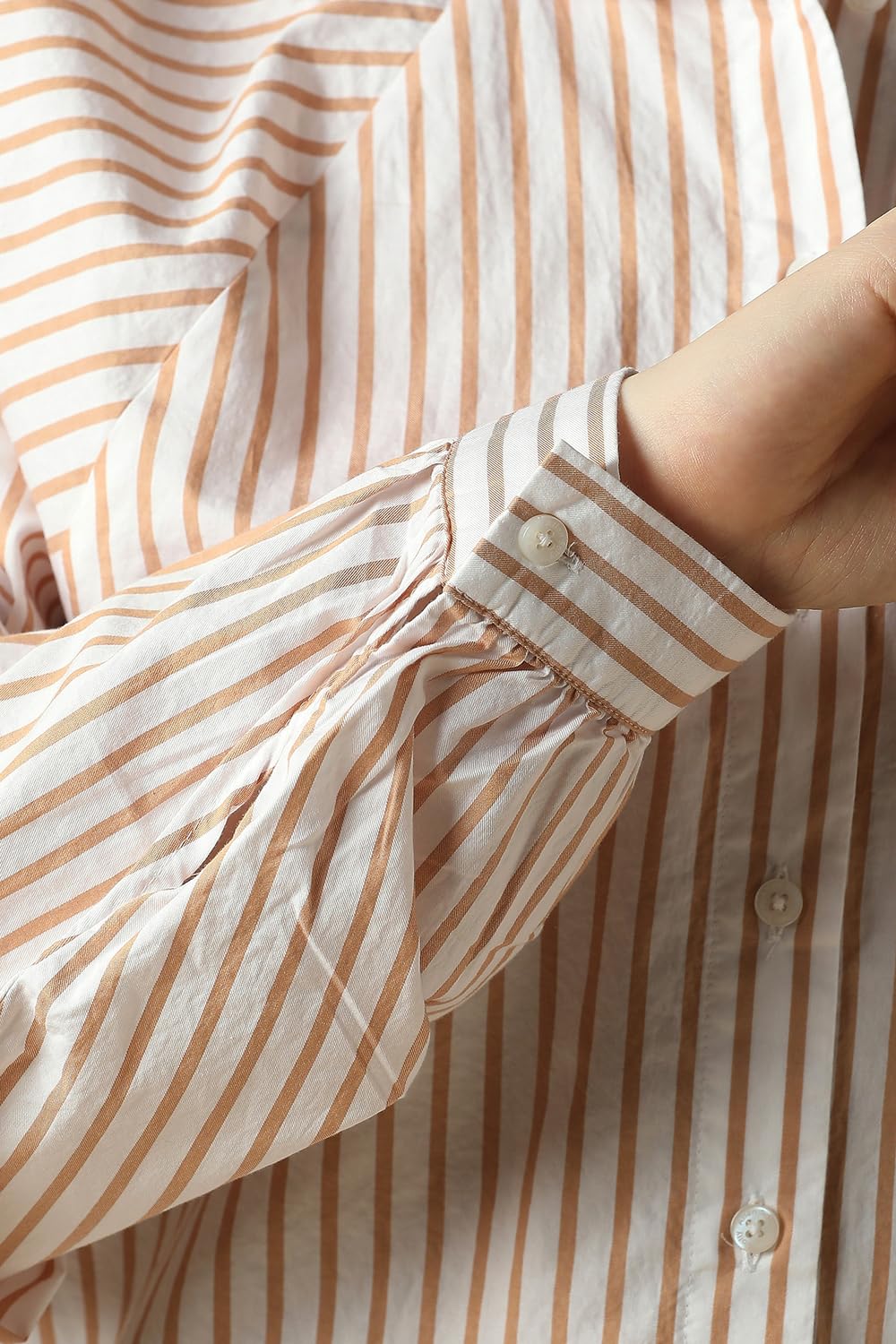 Women Beige Stripe Long Sleeves Shirt