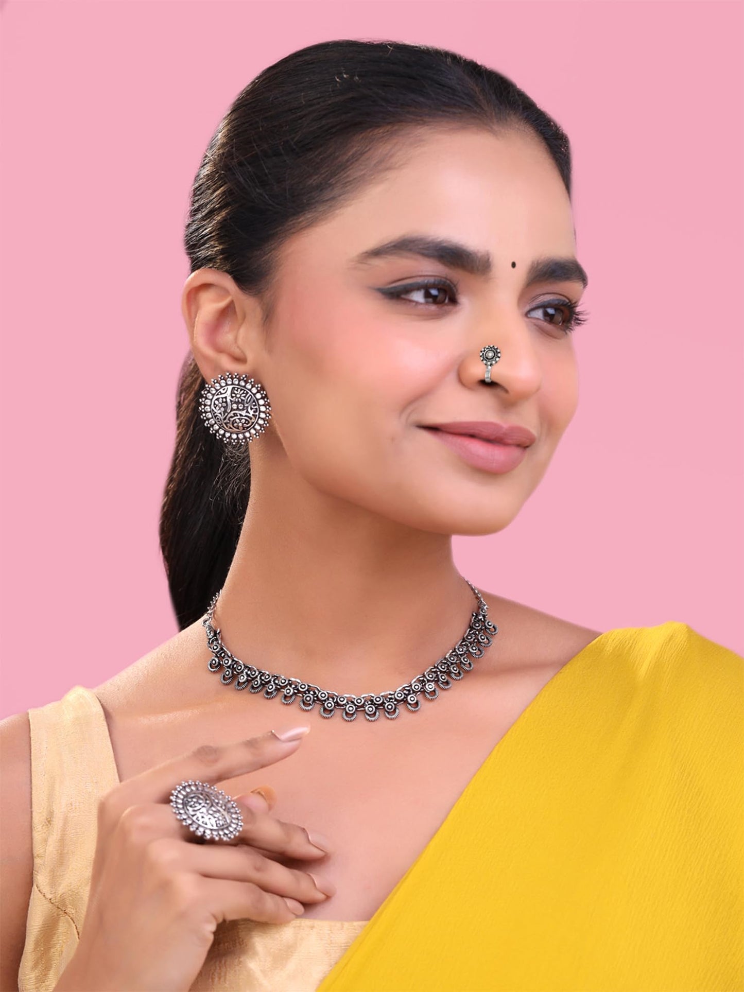 Yellow Chimes Oxidised Necklace Set For Women And Girls German Silver Oxidised Designed Ethnic Jewellery Choker Necklace Set For Women And Girls