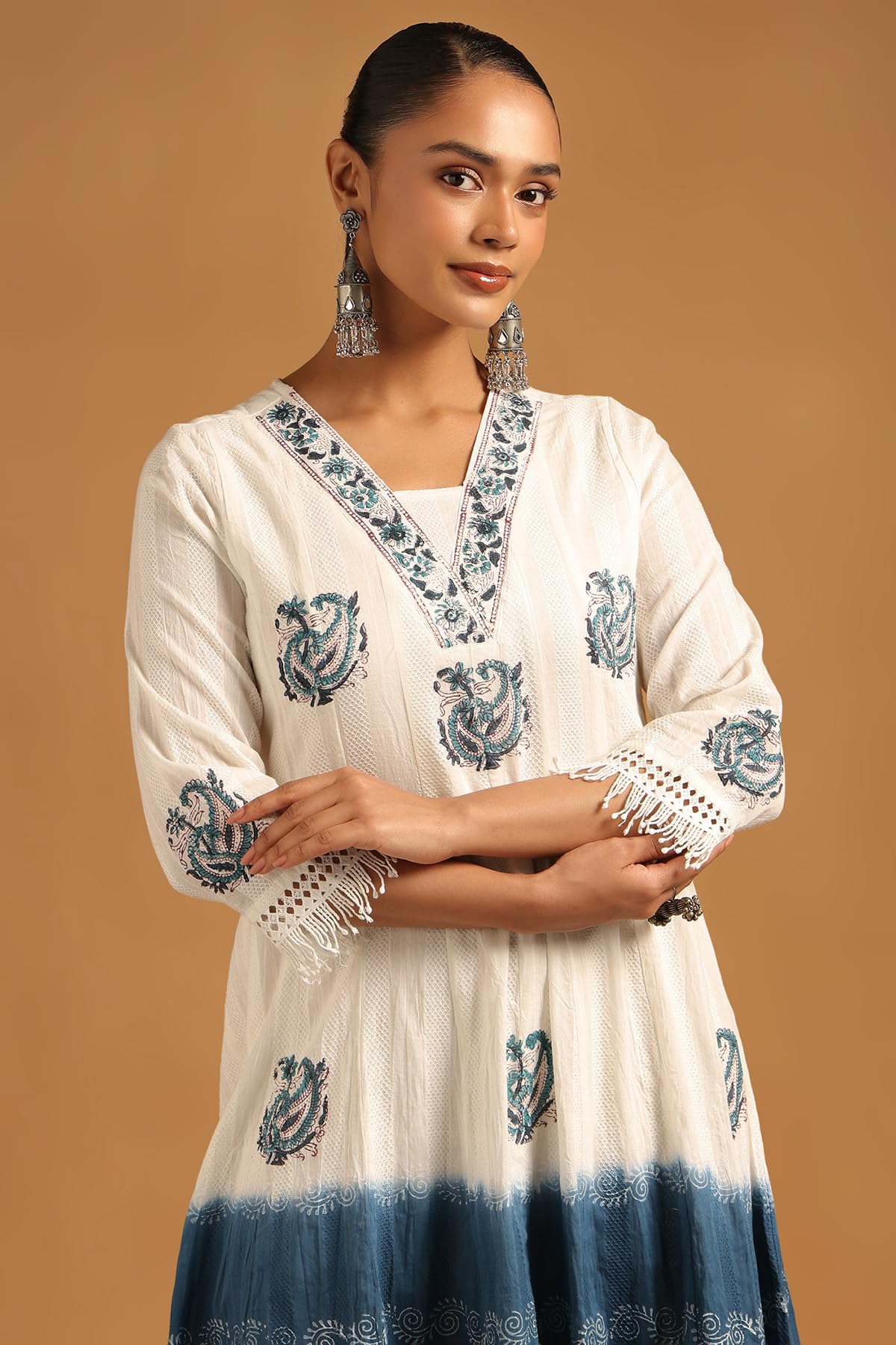 Soch Womens Off White Cotton Dobby Botanical Dress with Lace