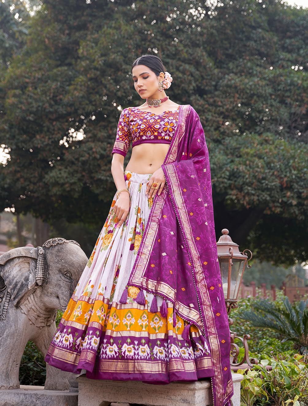 Snazzy Stitch Women Tussar Silk With Patola Print And Foil Work Lehenga choli (Purple)