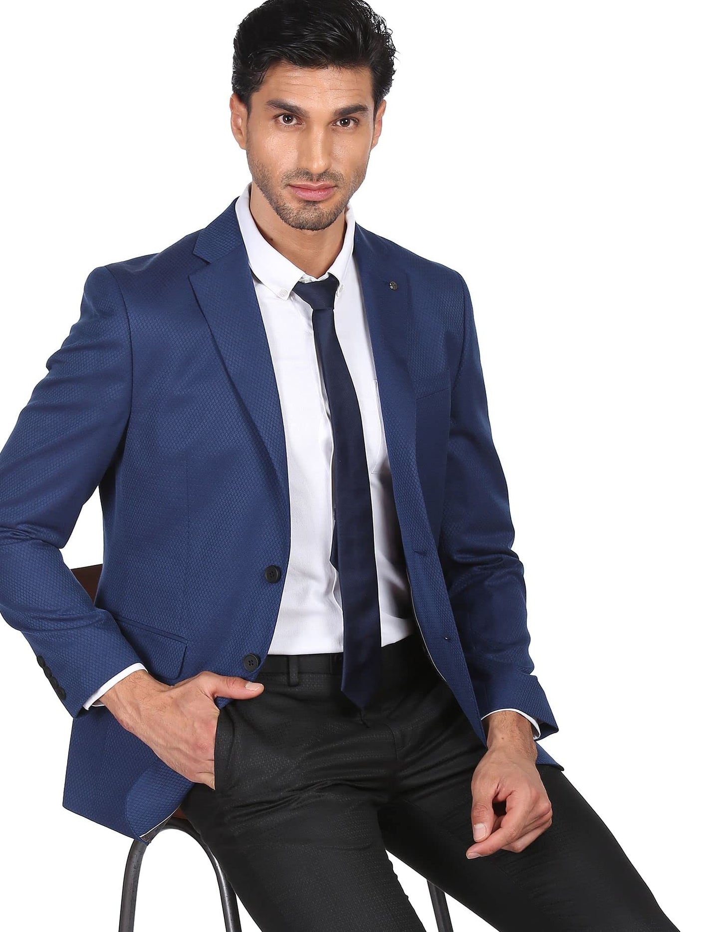 Arrow Polyester Men Navy and Black Patterned Single Breasted Two Piece Suit Business Pants Set (ARACSU5670 40)