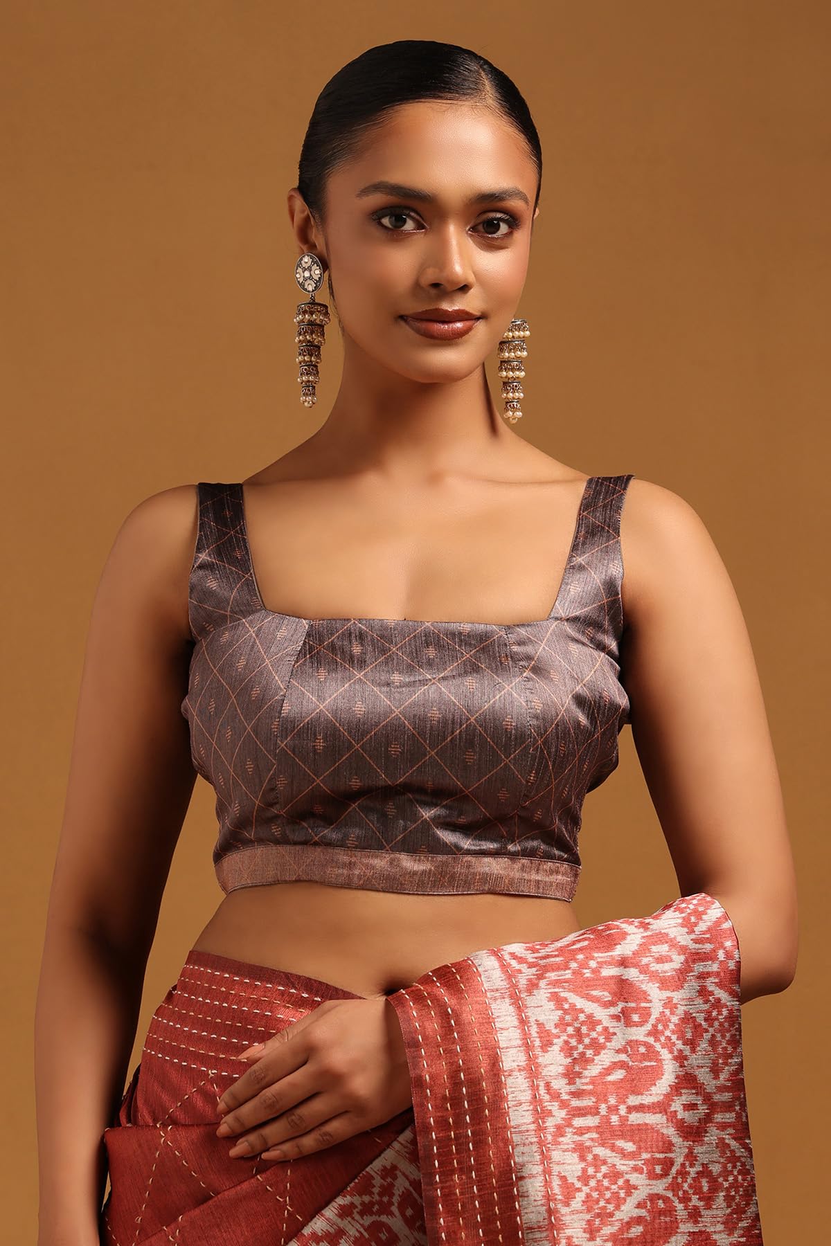 Soch Womens Rust Tussar Geometric Saree With Kantha Embroidery and Threadwork