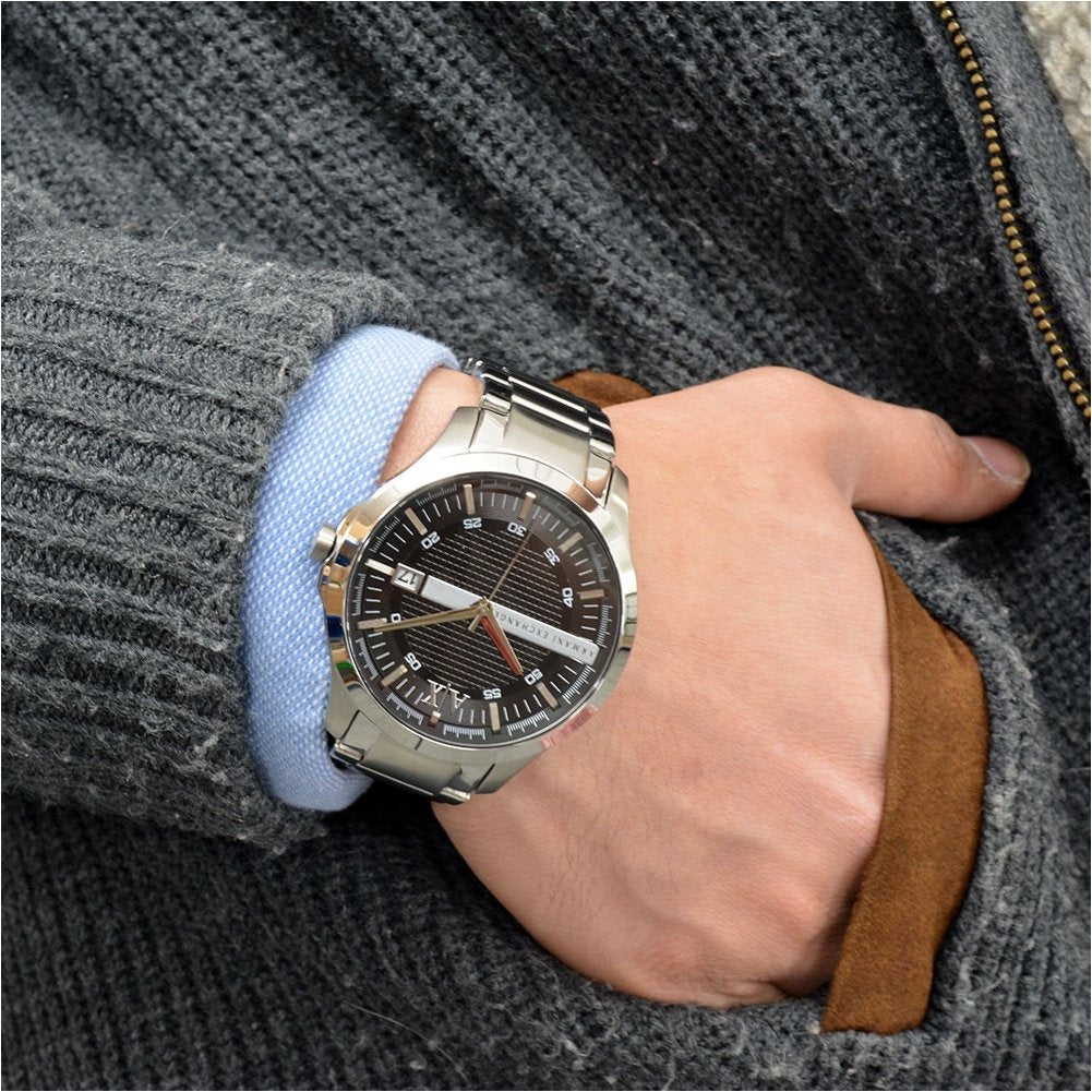 Armani Exchange Hampton Analog Black Dial Silver Band Men's Stainless Steel Watch-AX2103