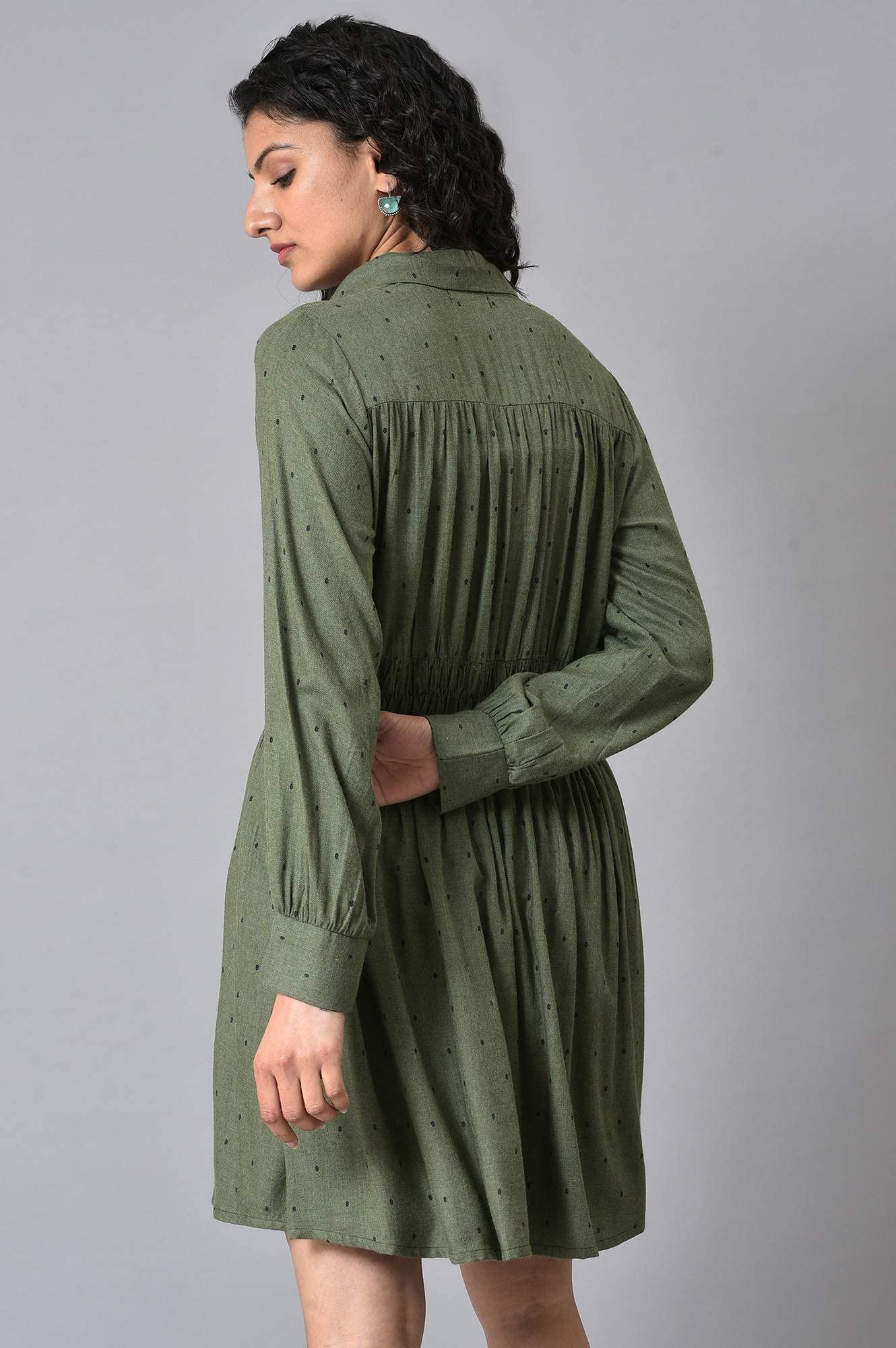 W for Woman Women's Viscose Olive Green Hand Embroidered Short Dress Above The Knee (22AUW31166-830180 10)