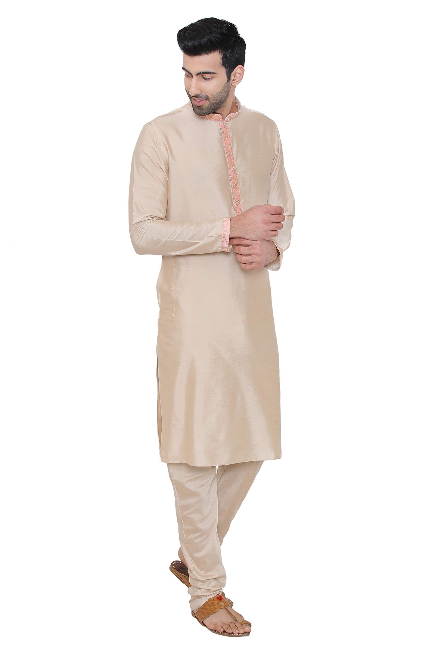 Manyavar Men's Silk Blend Kurta Chudidar (JAST138_Pink_M)