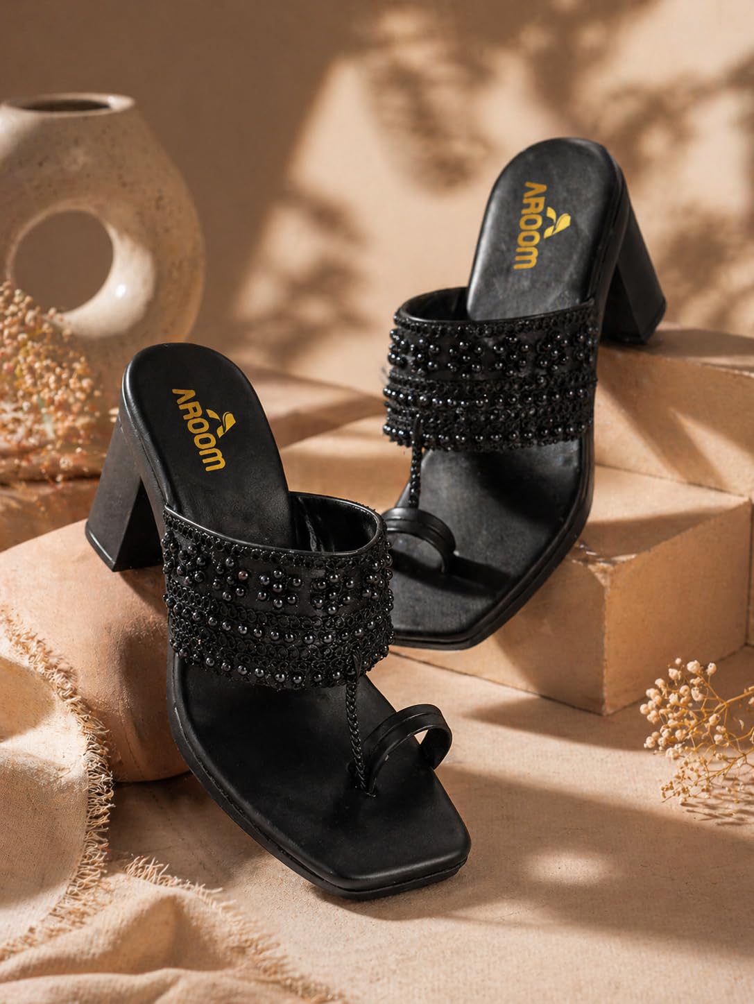 AROOM, Women's One Toe Block Heels Sandals Comfortable & Stylish Sandals for Women & Girls (Black, UK Footwear Size System, Adult, Women, Numeric, Medium, 5)