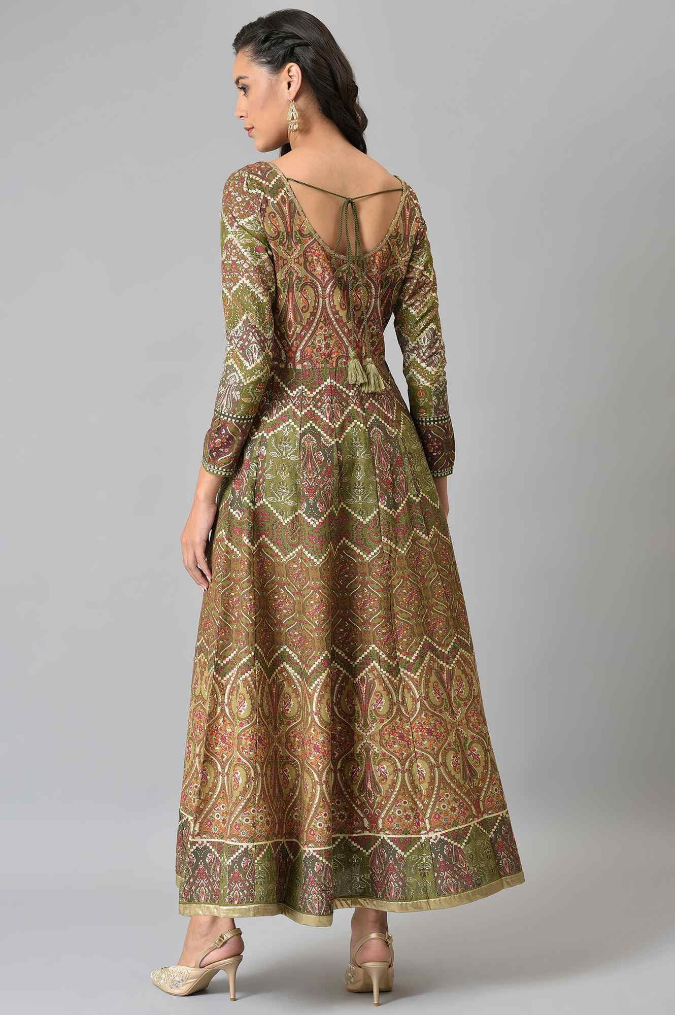 W for Woman Women's Viscose Olive Green Glitter Print Dress Ankle Length 22FEW12494-119009_Red