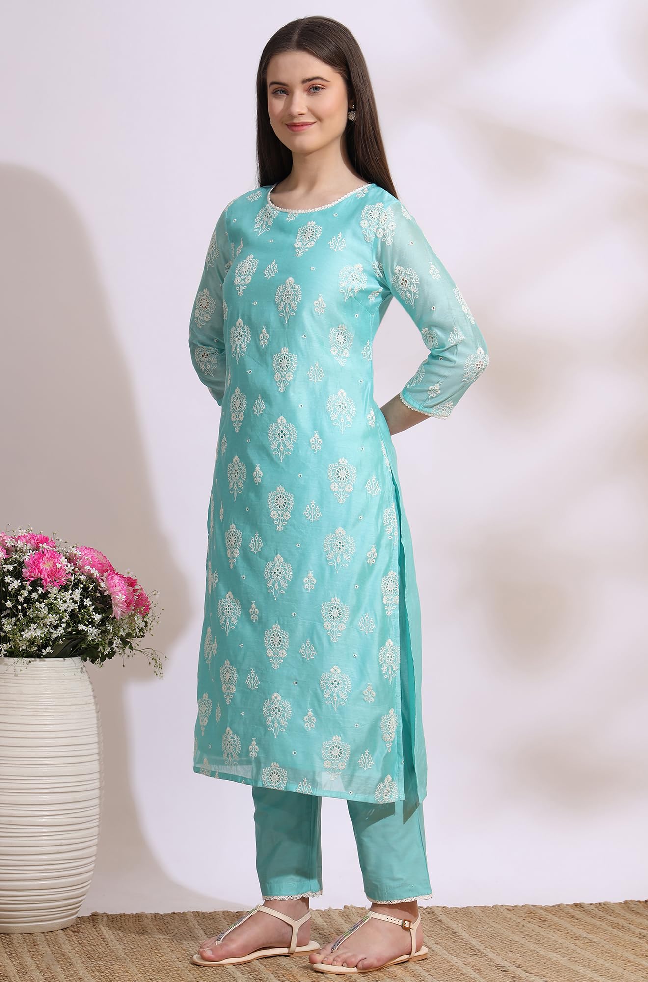 W for Woman Turquiose Blue Schiffli Embroidered Straight Kurta, Pants and Dupatta Set (Size: M)-WS12329-400786