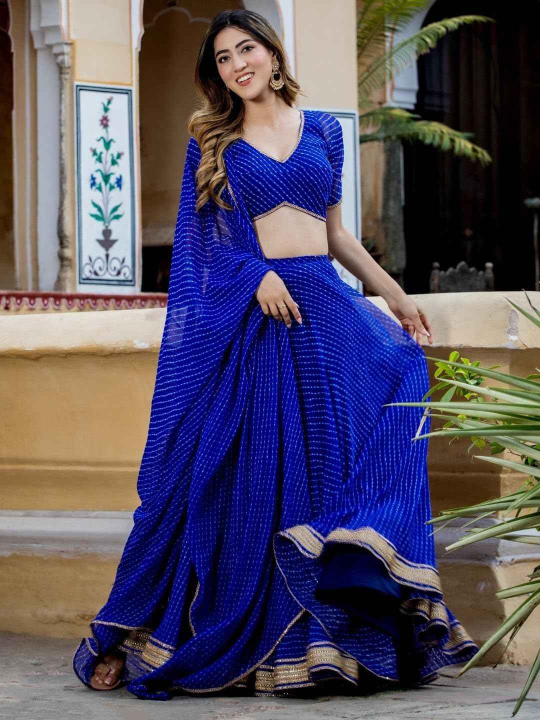 Zeel Clothing Women's Leheriya Print Pure Georgette New Readymade Lehenga Choli With Dupatta (5049-Stylish-Wedding-Designer-New; Free Size,Royal Blue)