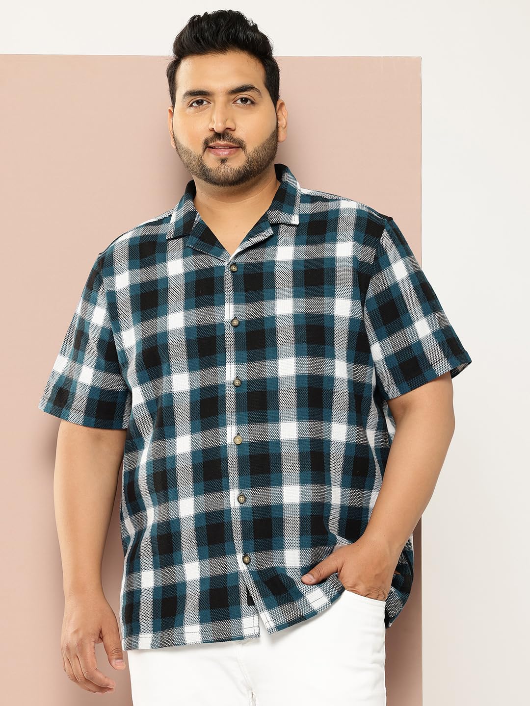 Thomas Scott Men | Short Sleeves | Regular Fit Plus Size | Windowpane Checks | 100% Cotton | Cuban Collar | Casual Shirt(TS1729_Teal_6XL)