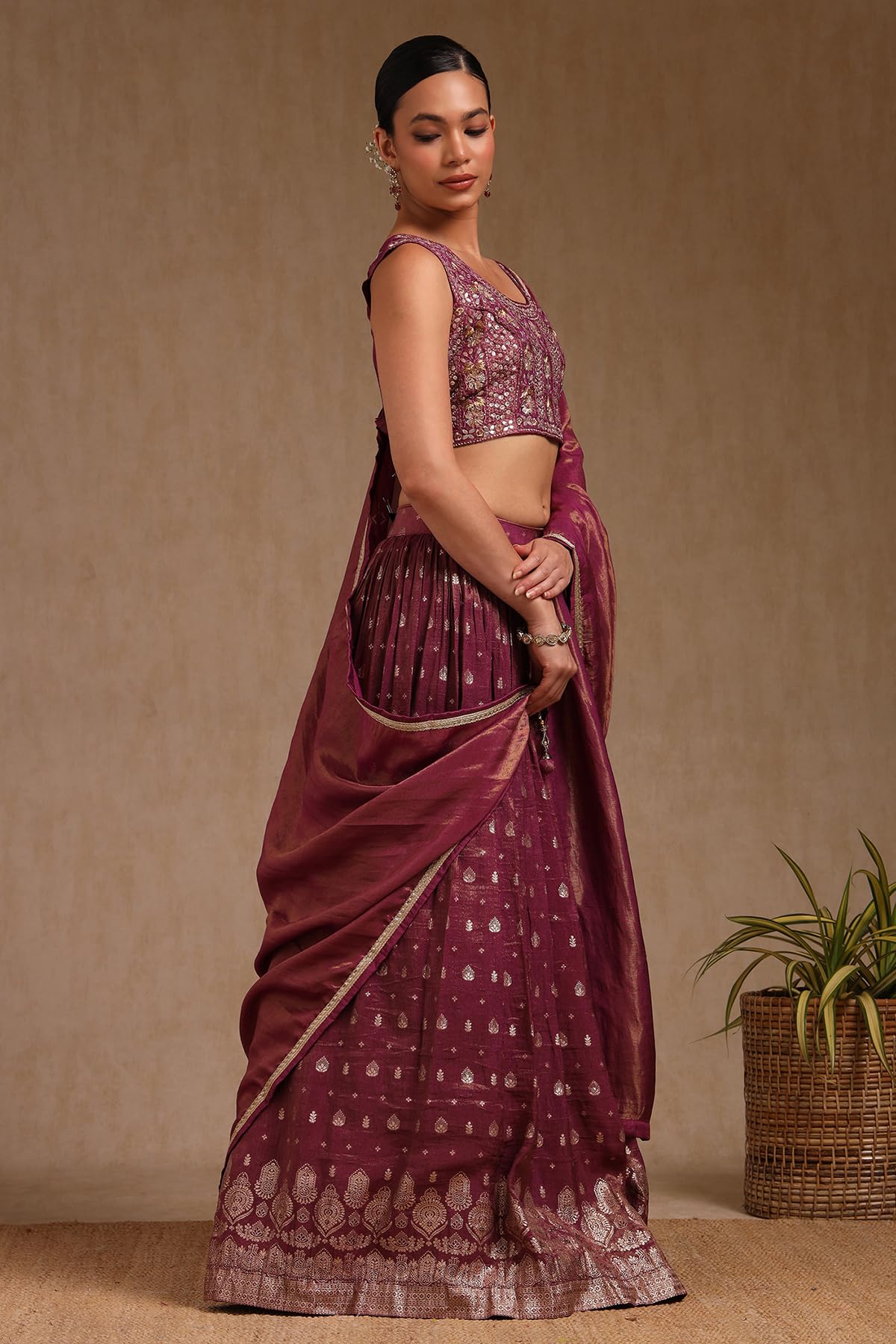 Soch Womens Wine Viscose Blend Embroidered Lehenga Choli With Zari