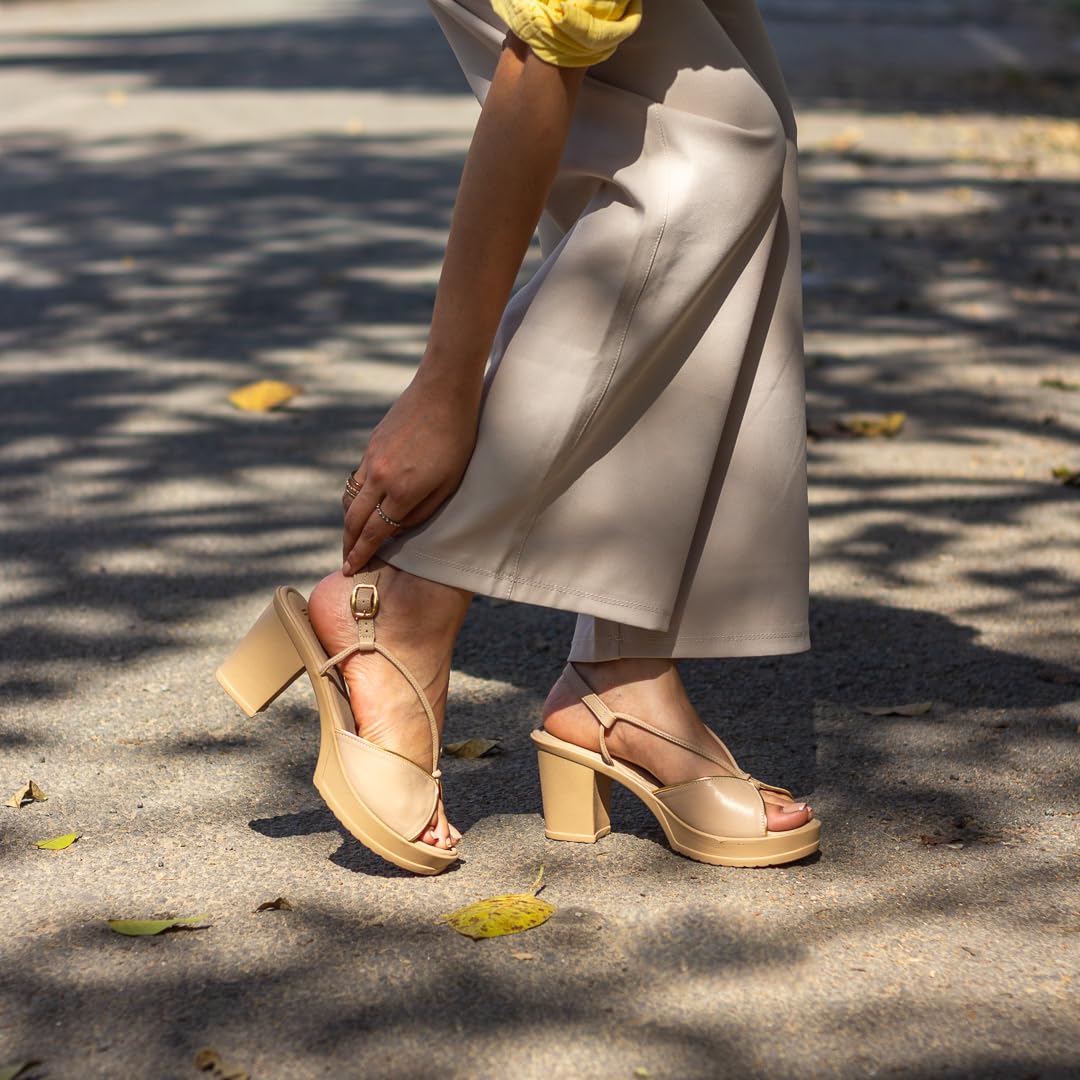 Indifeet Heels for Women Woman Stylish Sandals Ladies Latest Block Heel Chappals Girls Comfortable Party Sandal Female Fancy Peep Toe Chappal Footwear Women’s Trendy Fashion Slippers Cream Beige